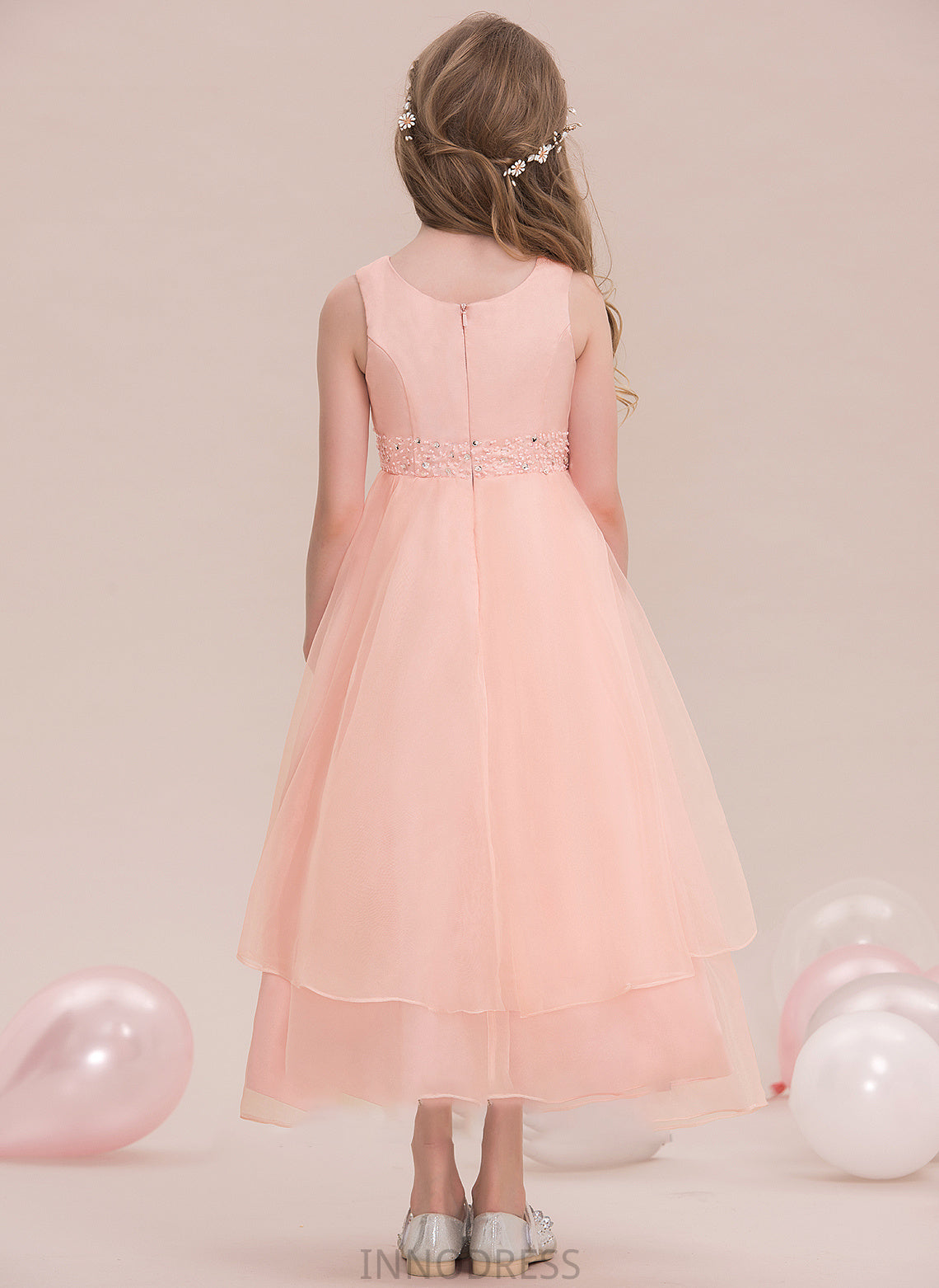 Sequins A-Line With Neck Organza Junior Bridesmaid Dresses Scoop Ankle-Length Kara Beading