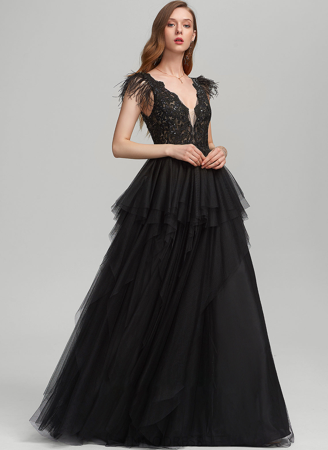 V-neck Dylan Floor-Length Sequins Ball-Gown/Princess Feather Tulle Prom Dresses With