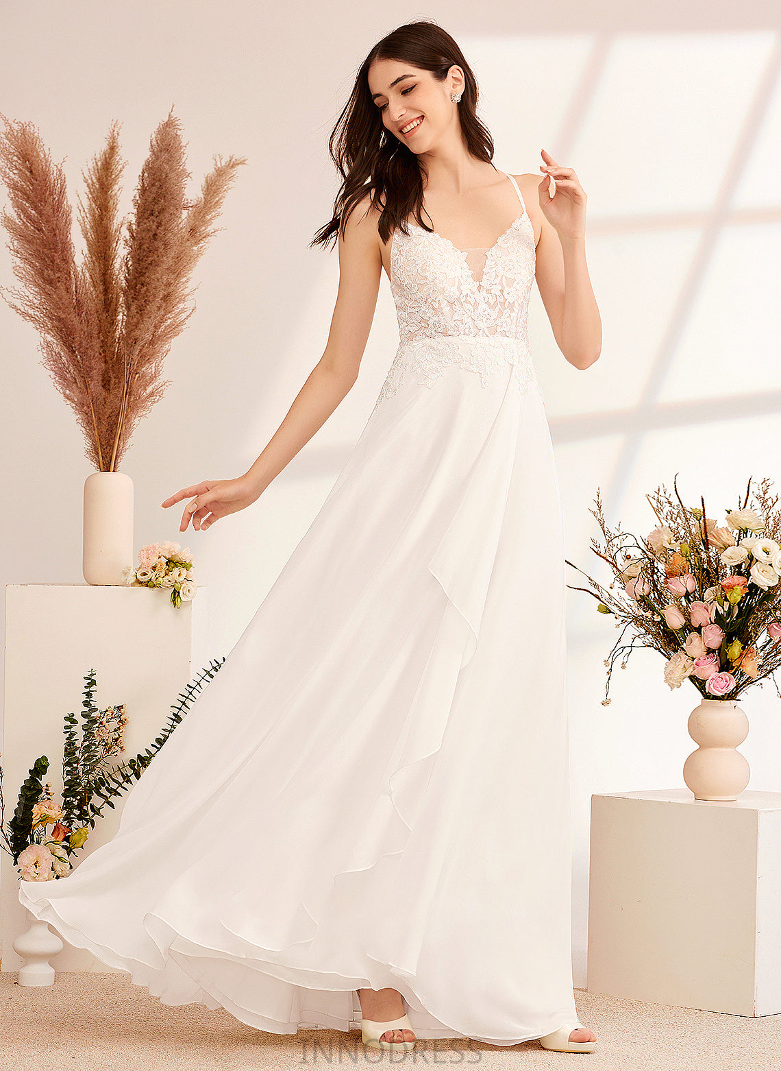 Sequins V-neck Dress Wedding Dresses A-Line With Floor-Length Aniya Wedding