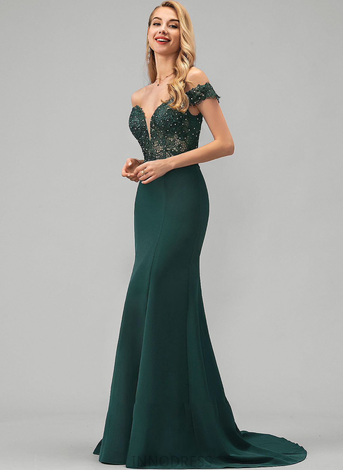 Beading Sweep Off-the-Shoulder Prom Dresses With Trumpet/Mermaid Stretch Bria Train Sequins Lace Crepe