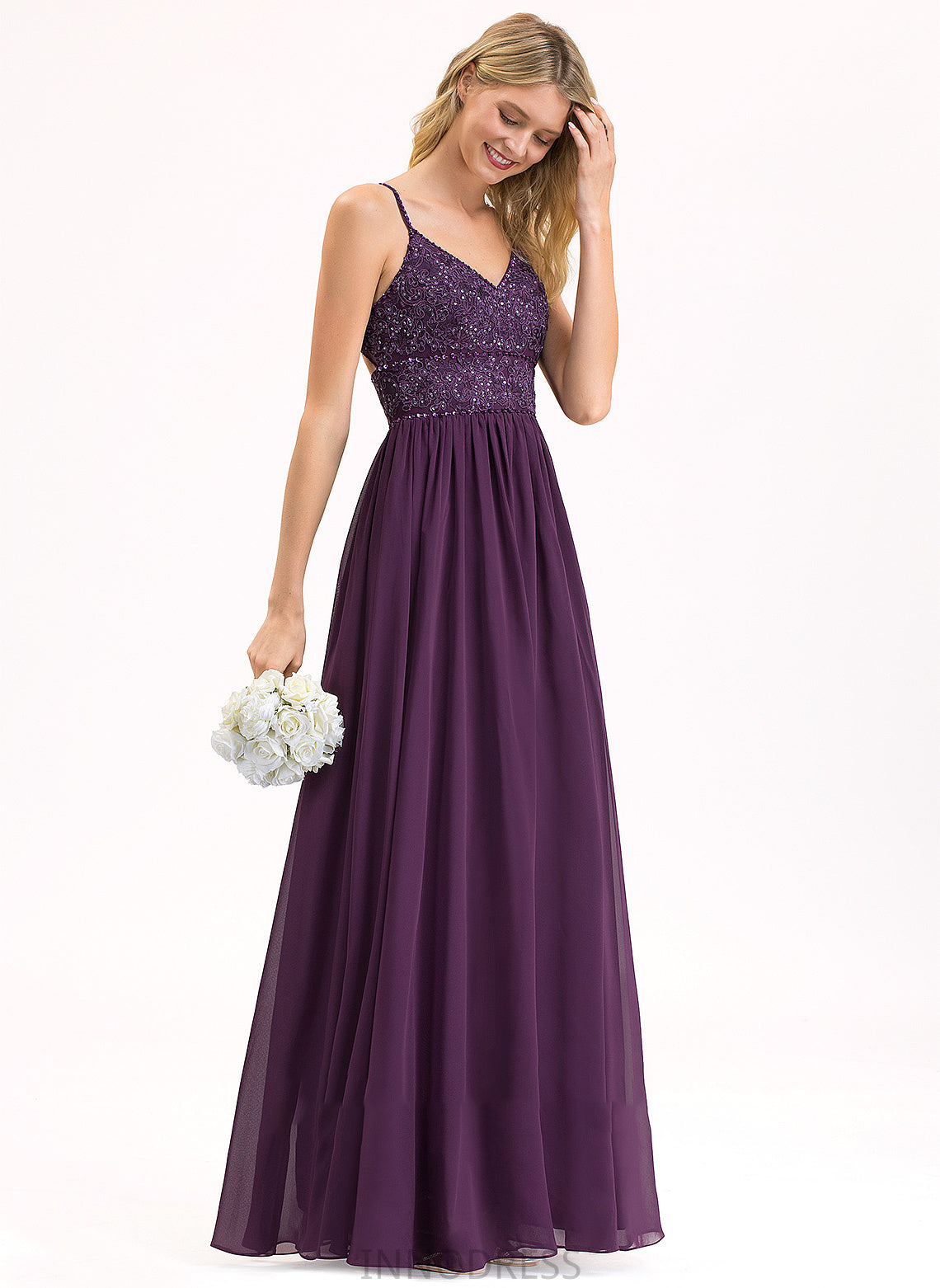Prom Dresses With A-Line V-neck Chiffon Sequins Beading Lace Floor-Length Jaycee