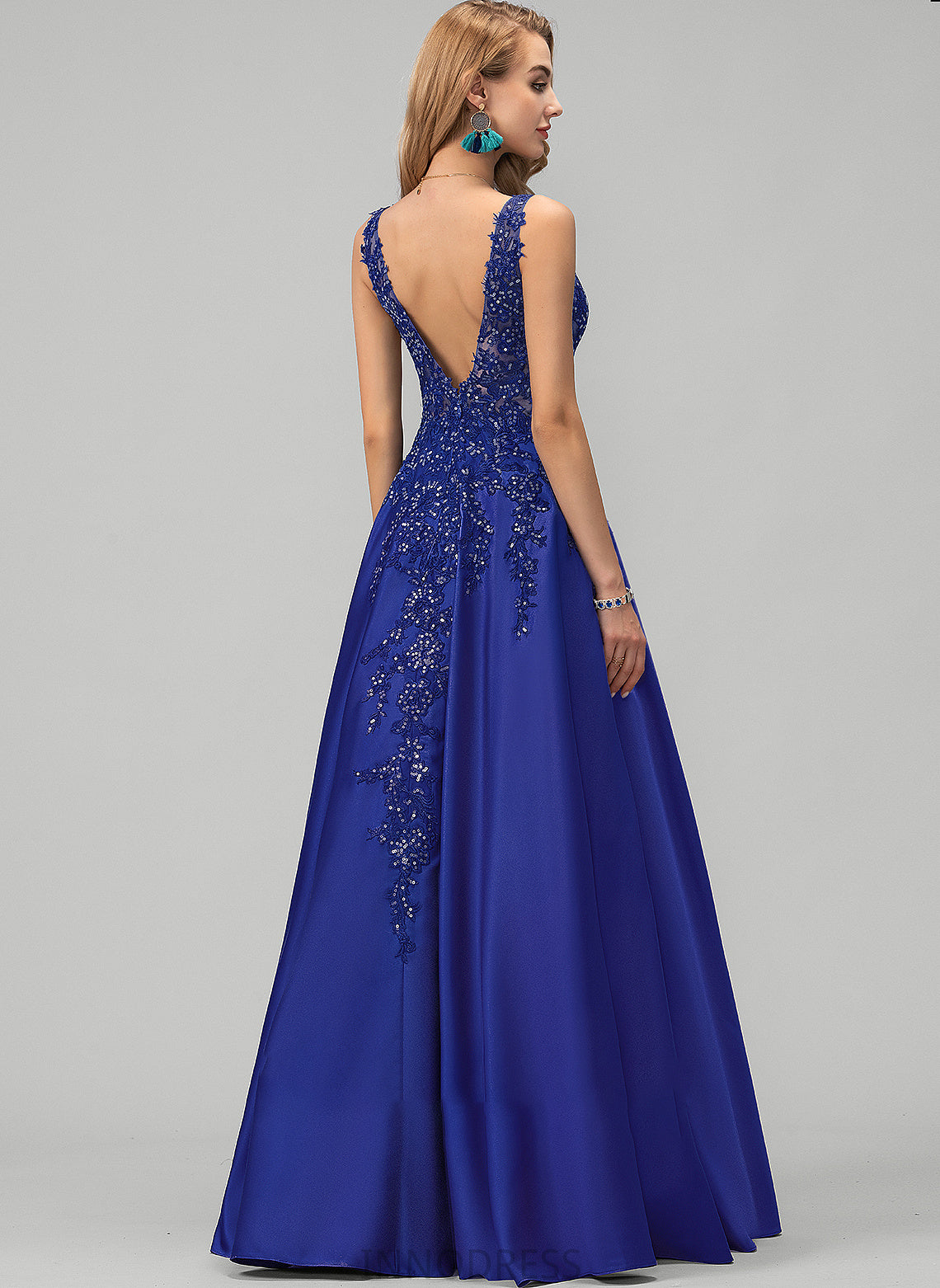 Floor-Length A-Line Sequins V-neck Prom Dresses Ina With Lace Satin