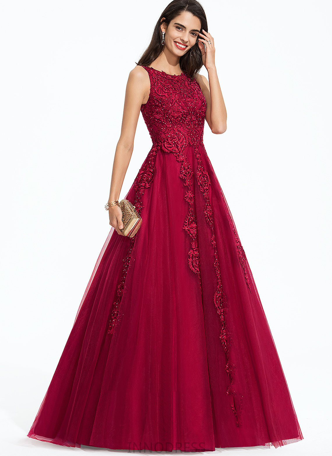 Ball-Gown/Princess Sweep Neck Train Scoop With Gloria Beading Tulle Prom Dresses