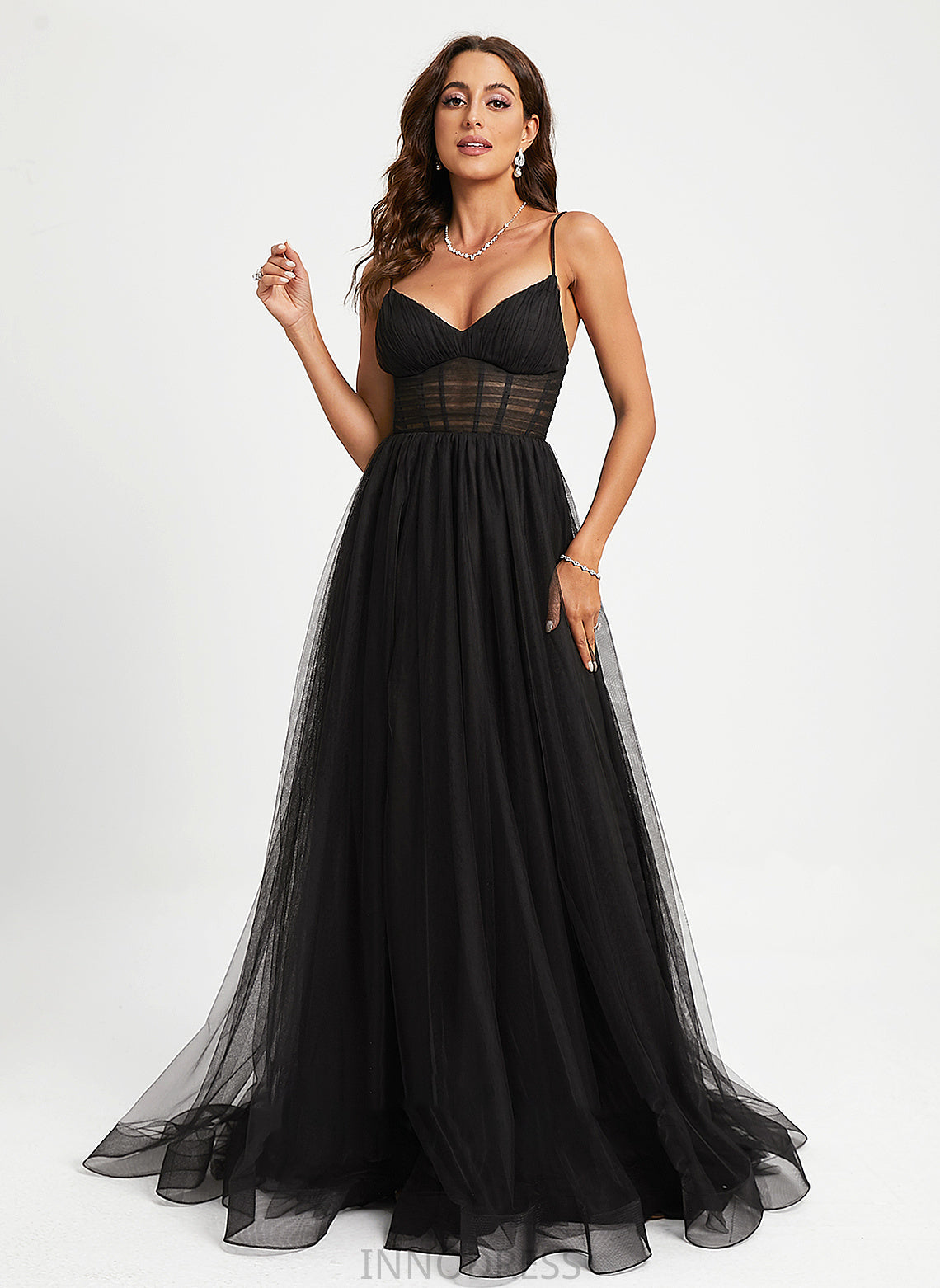 Train Sweep Ball-Gown/Princess Pleated With V-neck Prom Dresses Tulle Madalynn