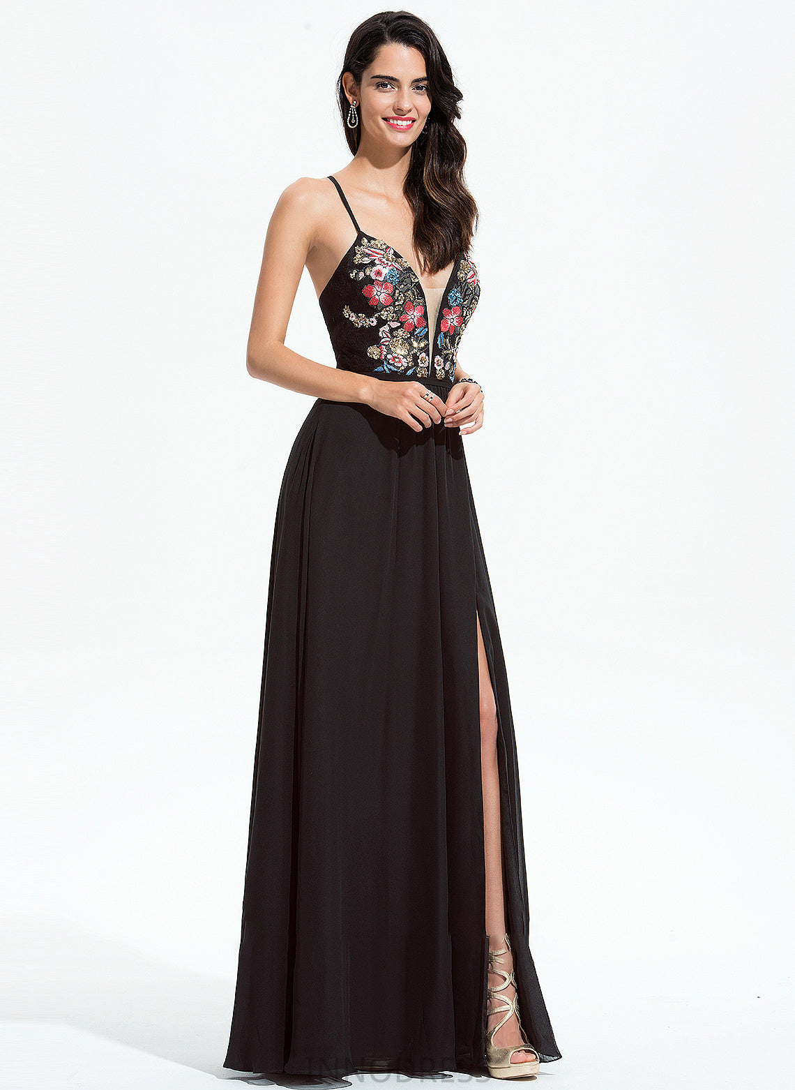 A-Line Chiffon With Prom Dresses Lace Sequins Floor-Length Miya V-neck