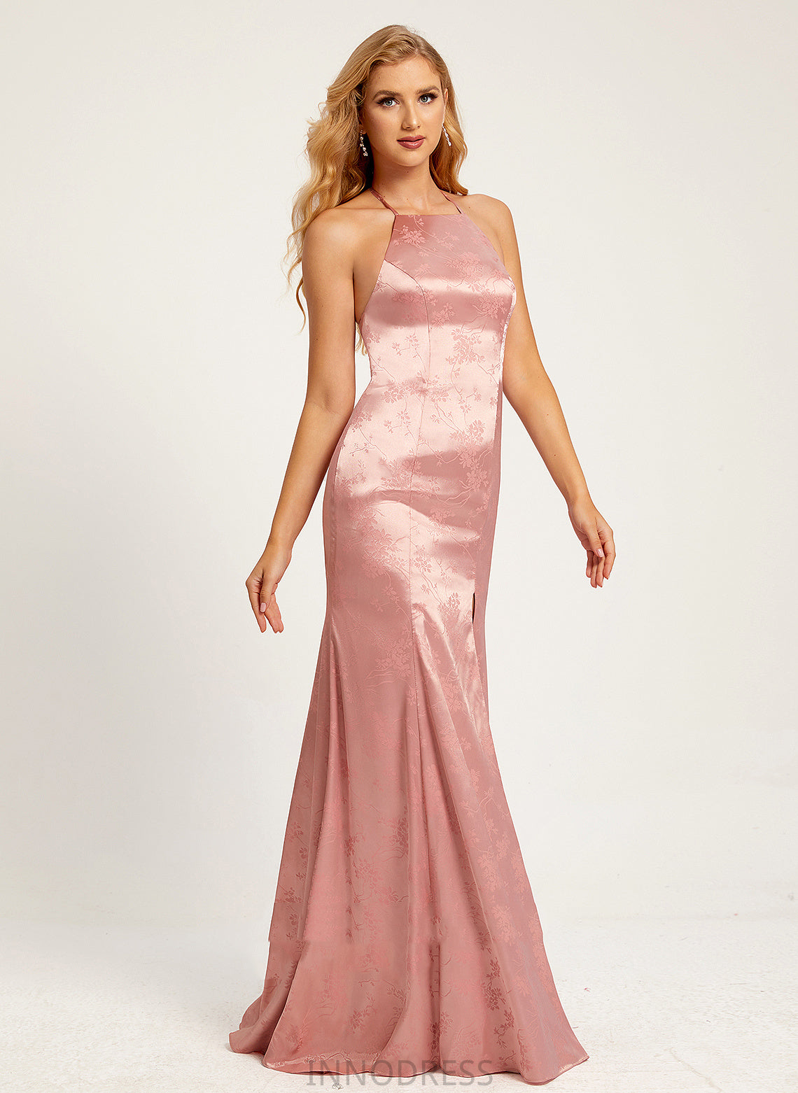 HighNeck Floor-Length Fabric Trumpet/Mermaid SplitFront Silhouette Embellishment Length Neckline Janessa A-Line/Princess Sleeveless Bridesmaid Dresses