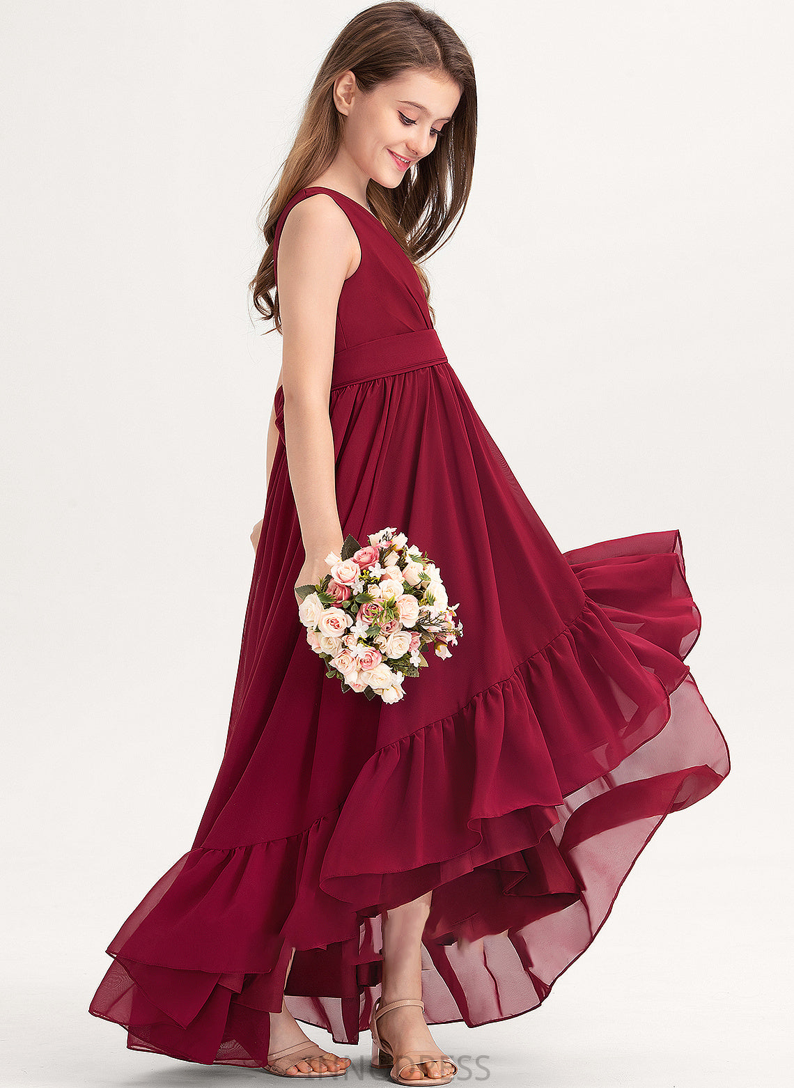 Chiffon Daisy Bow(s) Cascading Asymmetrical With V-neck A-Line Junior Bridesmaid Dresses Ruffles