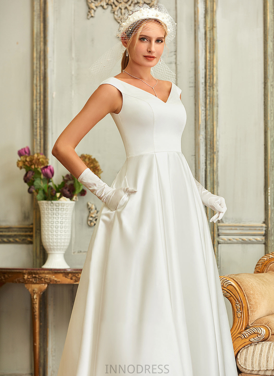 V-neck Wedding Maritza Dress Satin Wedding Dresses Pockets Ball-Gown/Princess Asymmetrical With