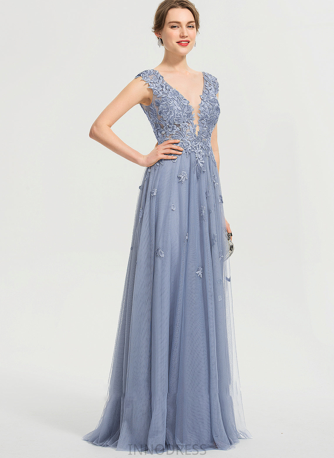 Prom Dresses A-Line Split Harper Tulle Floor-Length With V-neck Front Sequins