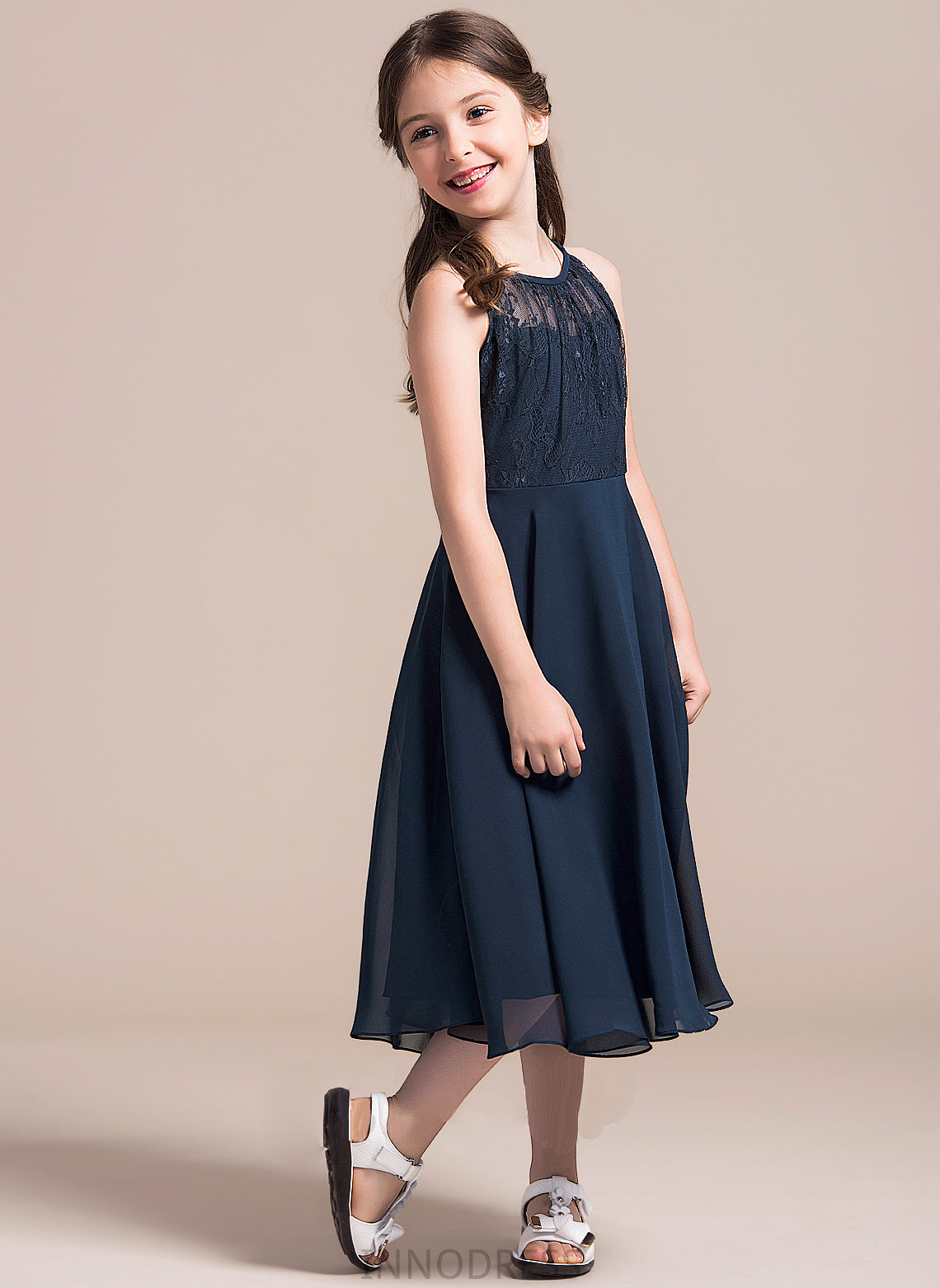 Azul A-Line Junior Bridesmaid Dresses With Neck Ruffle Tea-Length Lace Scoop Chiffon