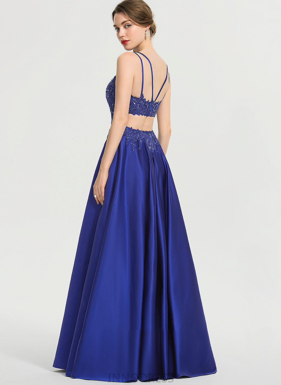 Satin V-neck Audrey Floor-Length Split With Ball-Gown/Princess Prom Dresses Sequins Front