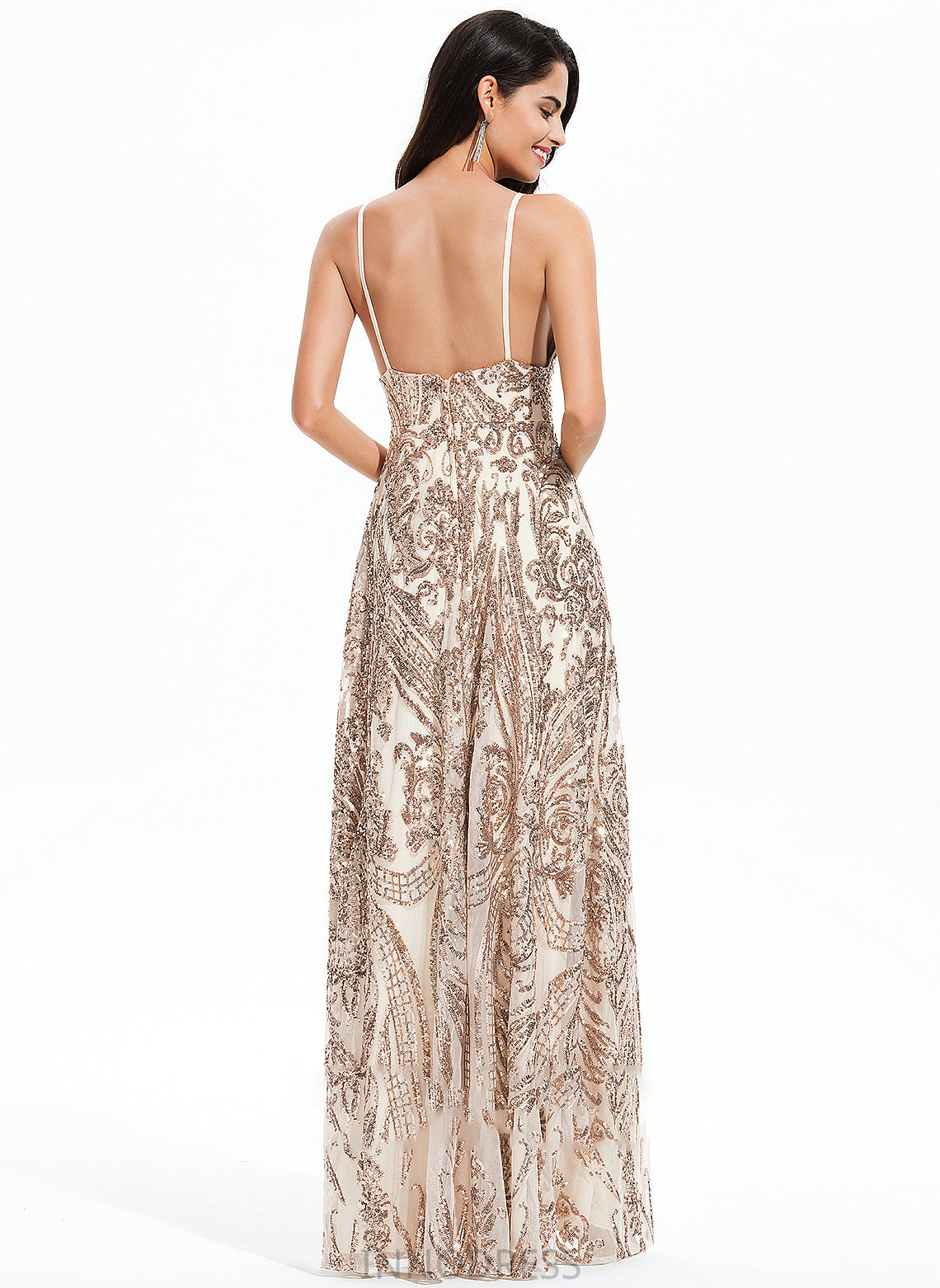 Split Sequined Madelynn With V-neck Sequins Floor-Length Prom Dresses Front A-Line