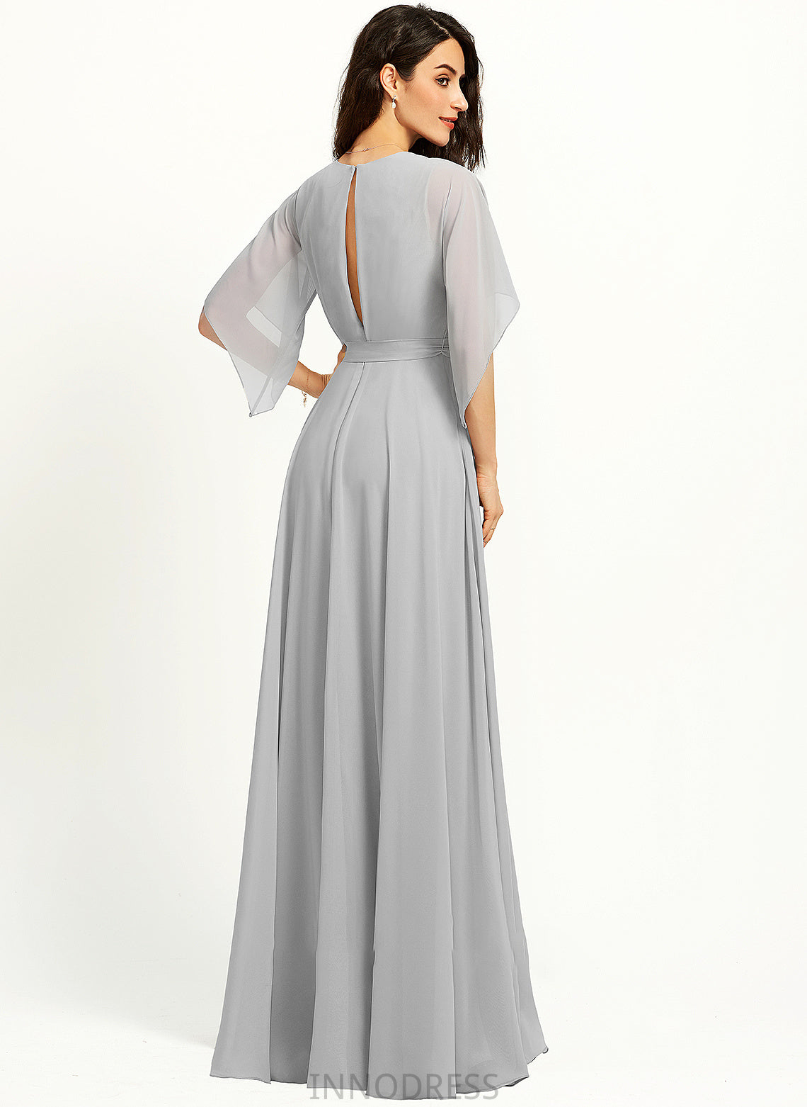 Length Floor-Length SplitFront V-neck Ruffle Fabric Embellishment Neckline A-Line Silhouette Ariella Natural Waist