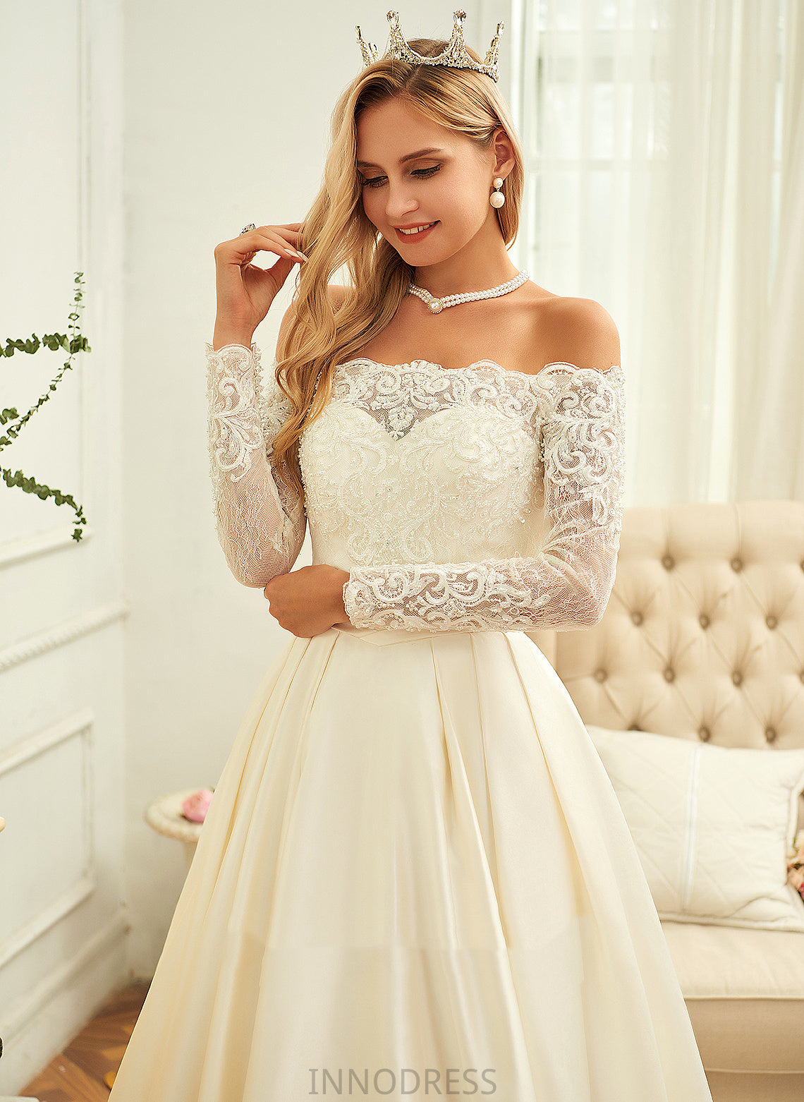Ball-Gown/Princess Sequins Satin Train Evelyn Off-the-Shoulder With Lace Wedding Beading Sweep Dress Wedding Dresses