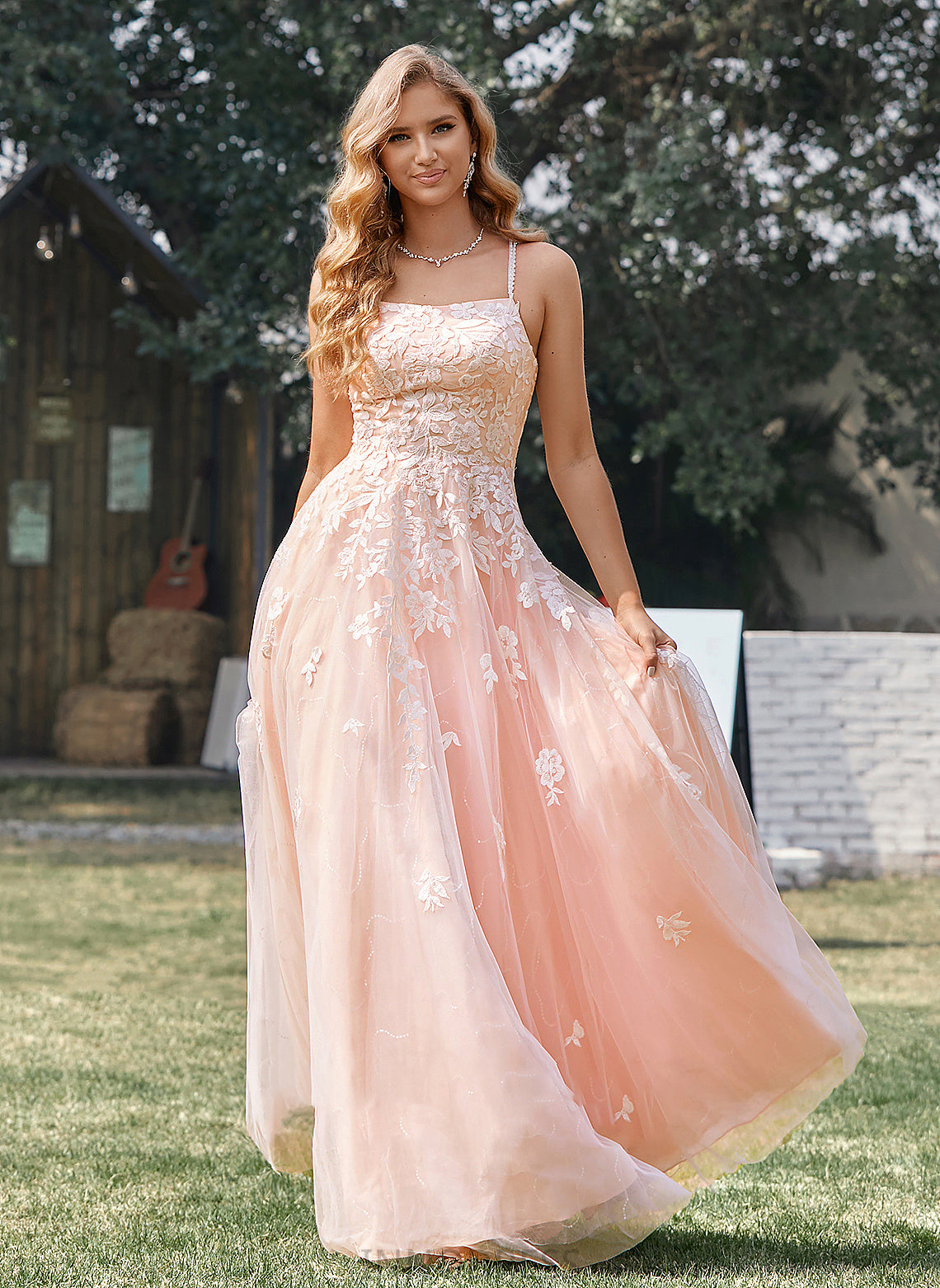 Ball-Gown/Princess Sequins Prom Dresses Lace With Tulle Floor-Length Square Neckline Salma