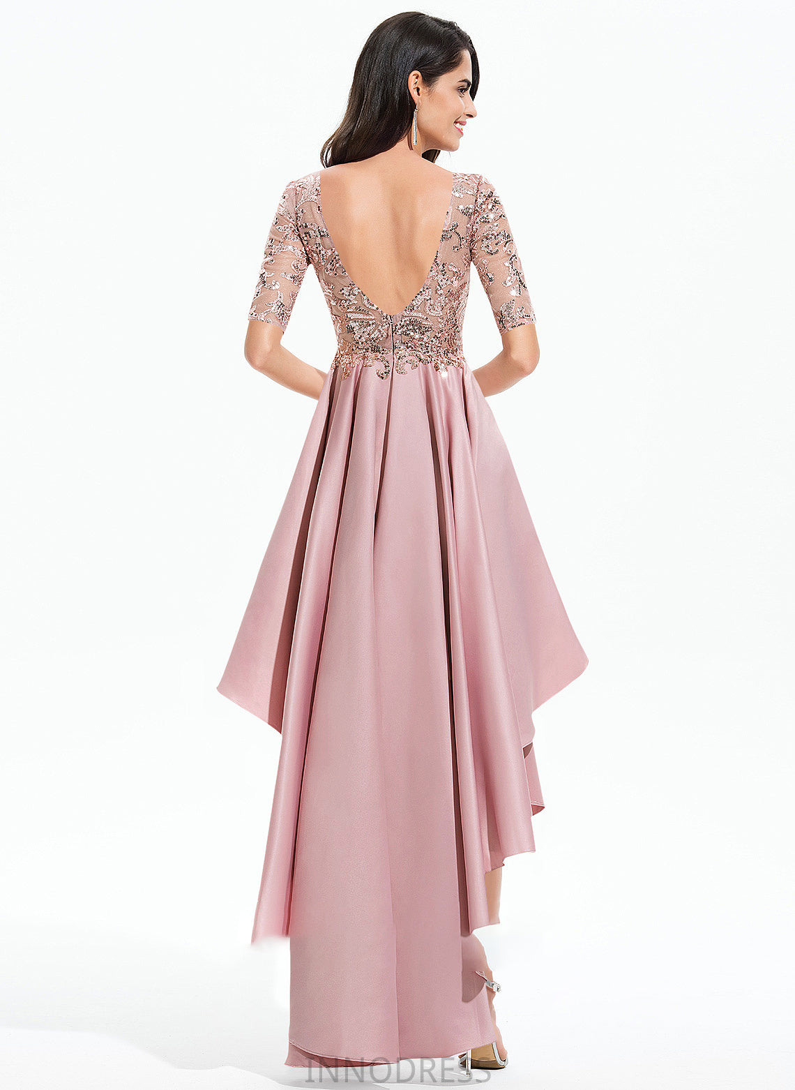 Aubrey Satin With Asymmetrical Neck Prom Dresses Lace A-Line Scoop Sequins