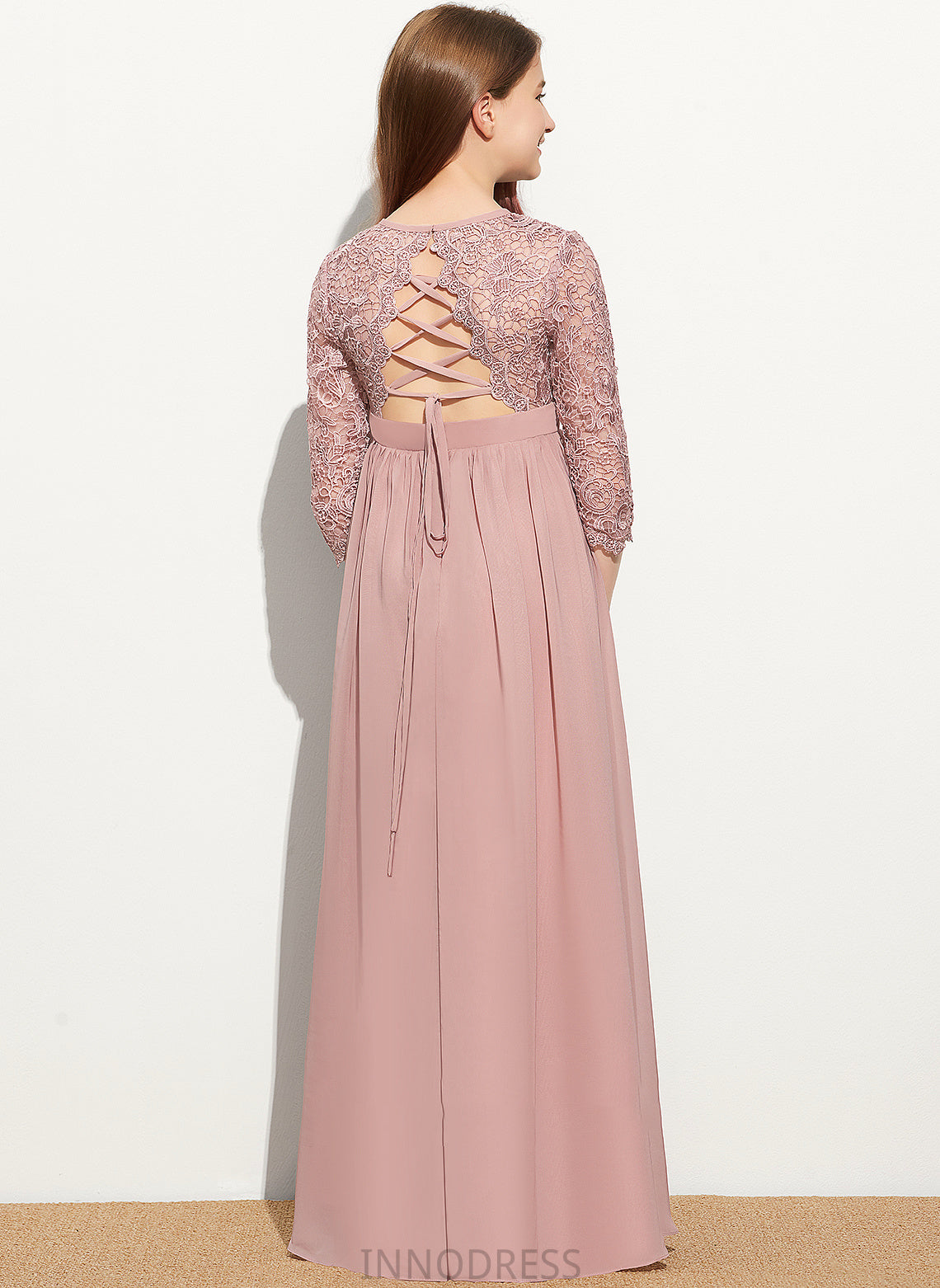 Lace Scoop Floor-Length Chiffon Junior Bridesmaid Dresses Neck Kara A-Line