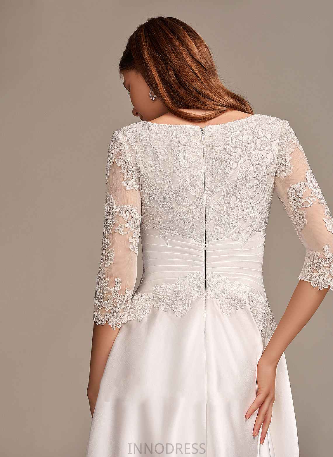 Wedding Dresses A-Line With Satin Wedding Lace Mia Neck Scoop Pockets Dress Tea-Length
