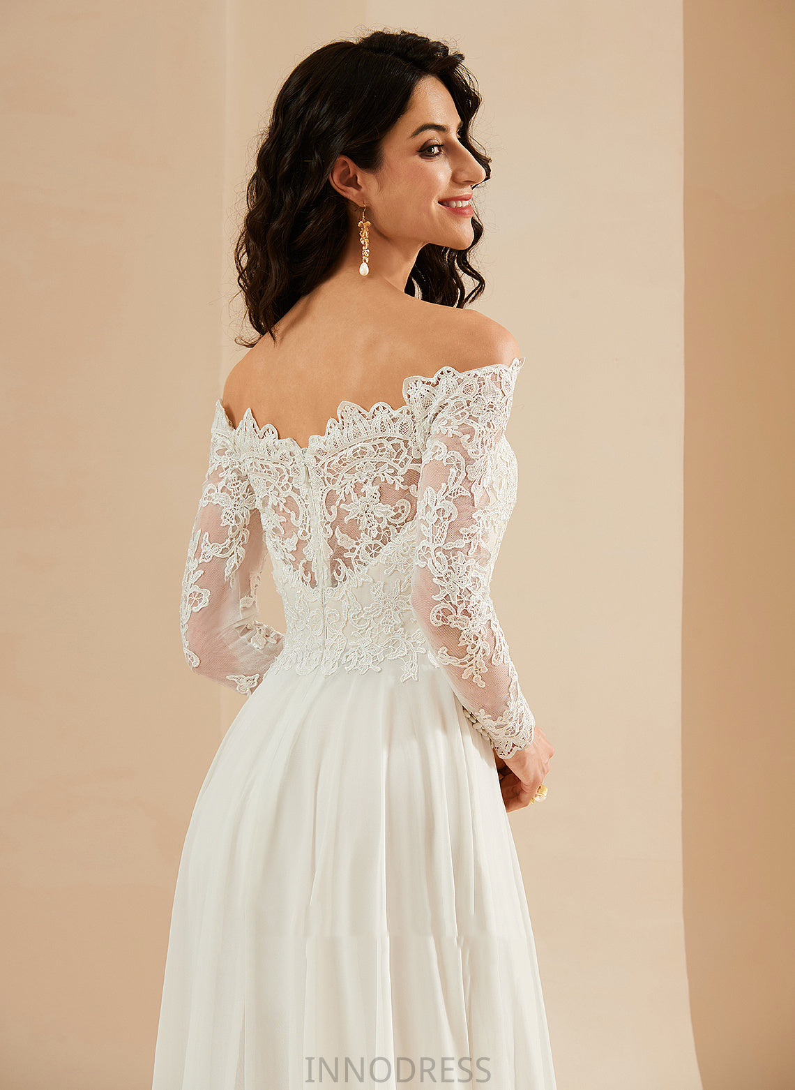 With Off-the-Shoulder Dress Lace Wedding Dresses Chiffon A-Line Millicent Train Wedding Sweep