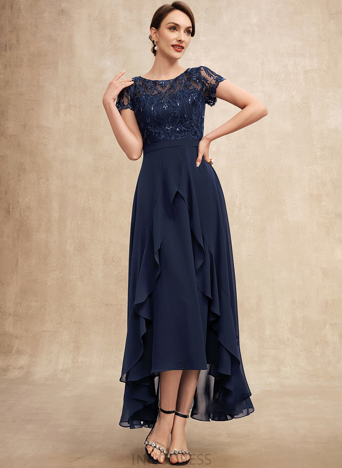Ruffles A-Line Chiffon Cascading Bow(s) Mother With Olympia Dress Neck Bride Asymmetrical the Scoop Lace of Sequins Mother of the Bride Dresses