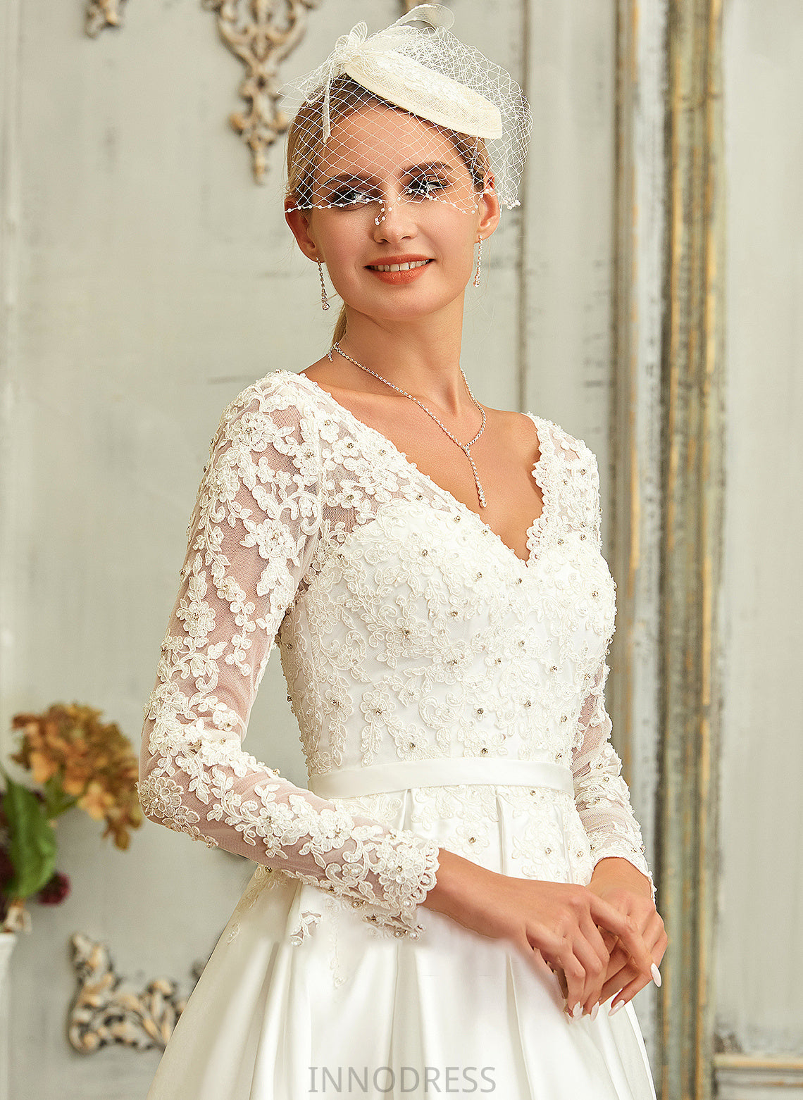 Wedding Lace Dress A-Line Yuliana V-neck Asymmetrical Wedding Dresses Satin