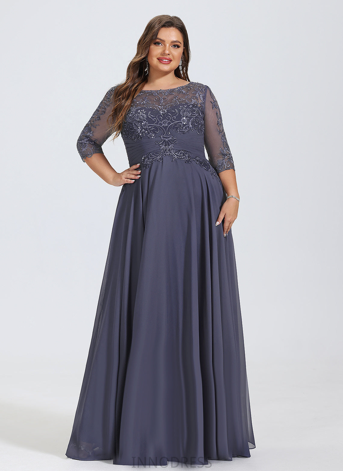 Pleated Lorna Sequins Illusion Floor-Length Lace With Chiffon Scoop Prom Dresses A-Line