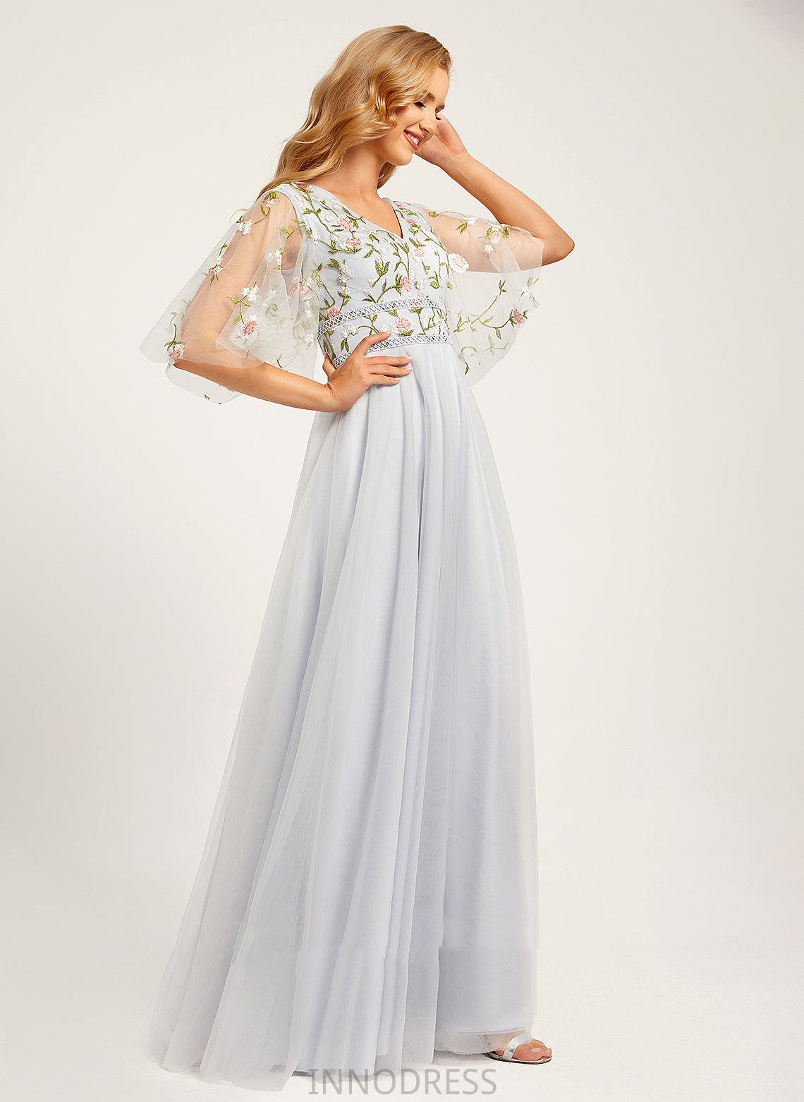Flower(s) Neckline Silhouette A-Line V-neck Embellishment Floor-Length Fabric Length Zoie Floor Length Sleeveless Bridesmaid Dresses