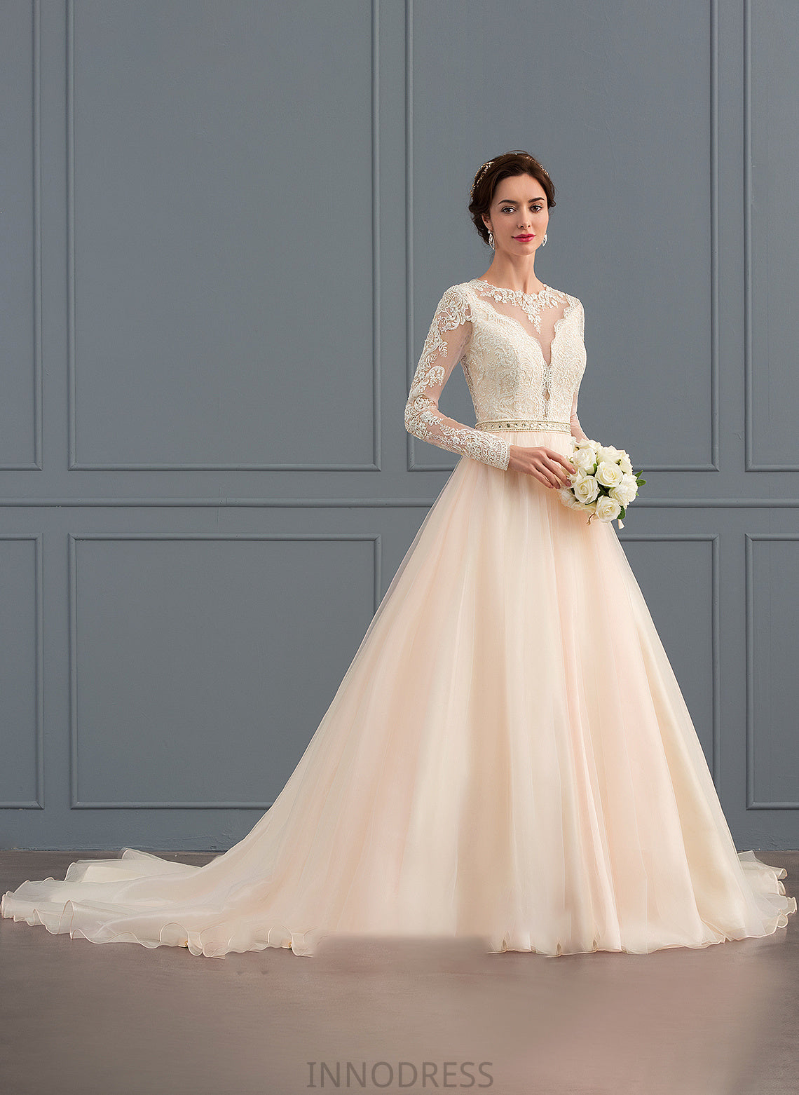 Ball-Gown/Princess Train Chapel Wedding With Dress Wedding Dresses Beading Tulle Scoop Elsa Neck