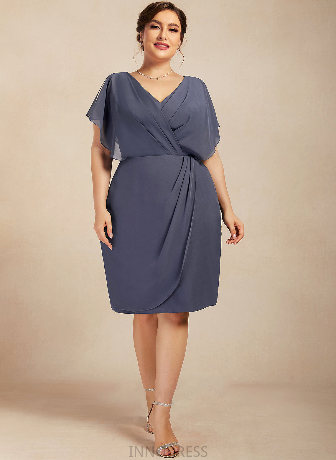 Eleanor the With Mother of the Bride Dresses Sheath/Column Dress Knee-Length of Ruffle Chiffon Bride Mother V-neck