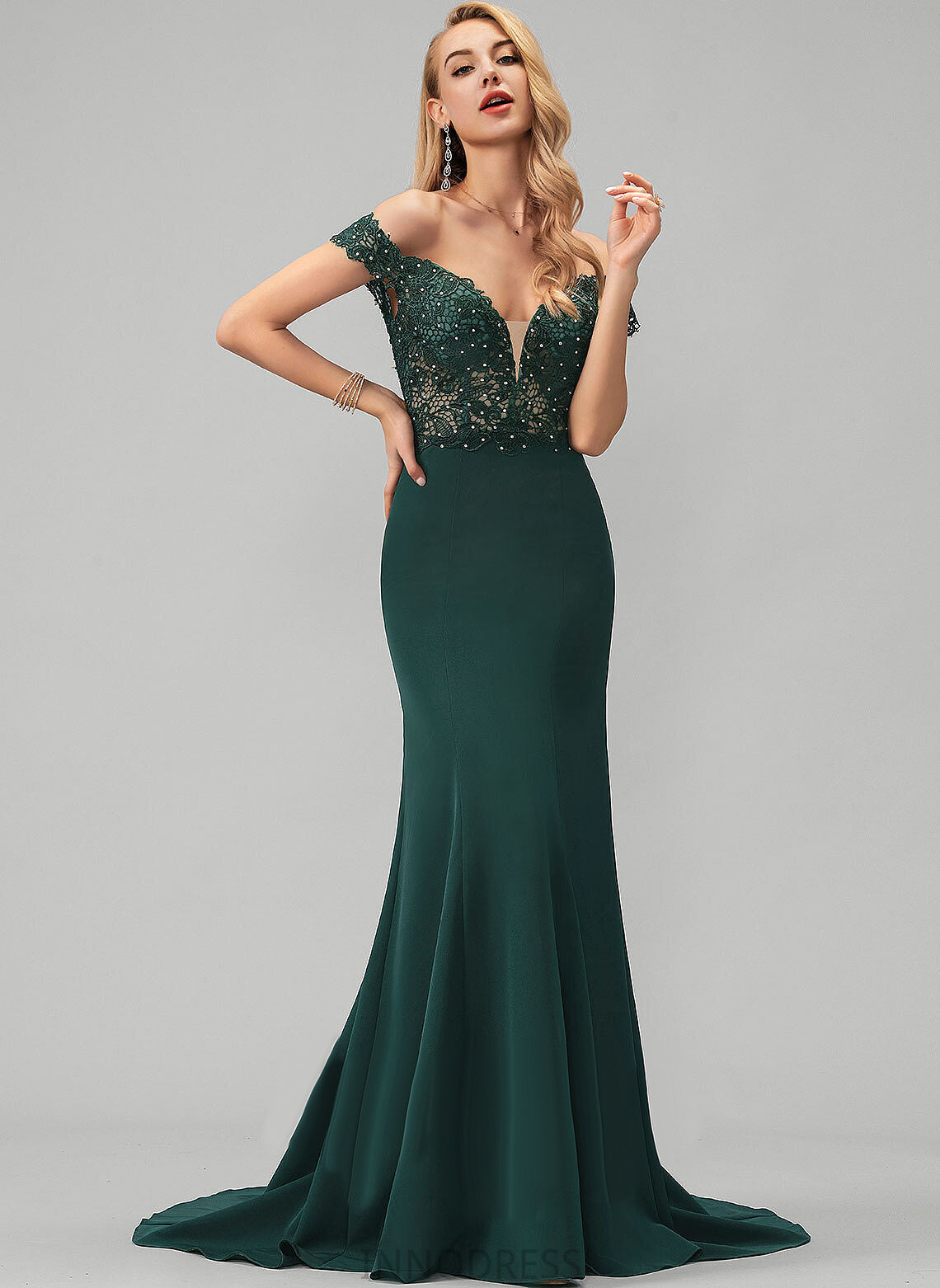 Sweep Train Kylie Prom Dresses With Trumpet/Mermaid Off-the-Shoulder Beading Stretch Crepe Sequins