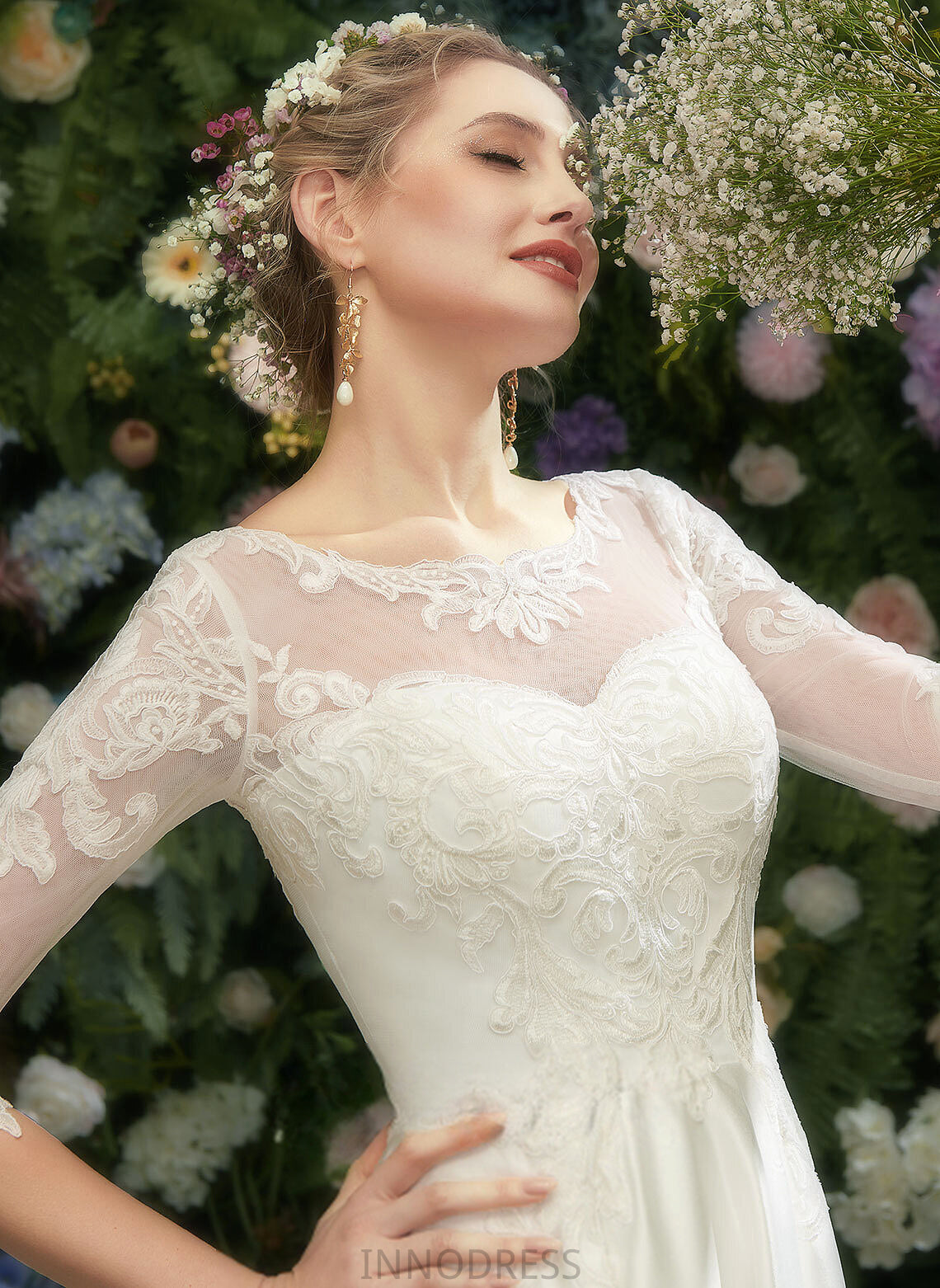 Sylvia Illusion Wedding Satin Wedding Dresses Tea-Length A-Line Lace Dress
