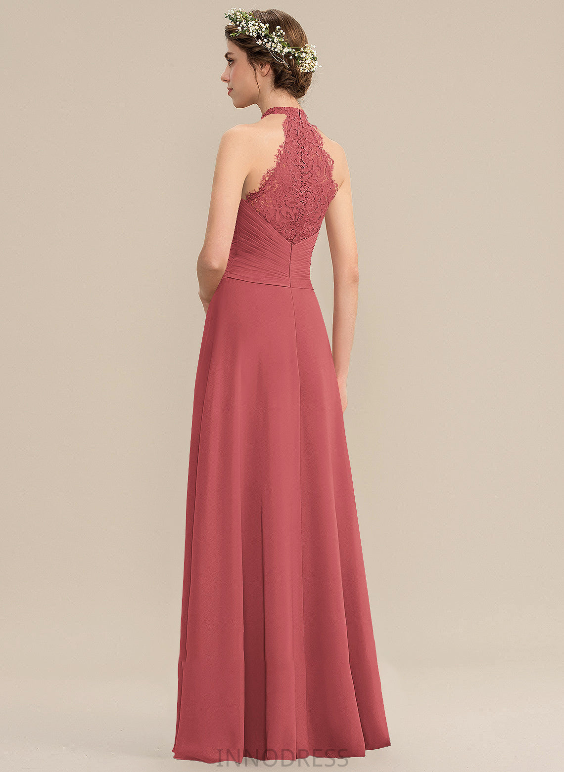 Prom Dresses A-Line Neck Split With Jane Lace High Ruffle Front Chiffon Floor-Length