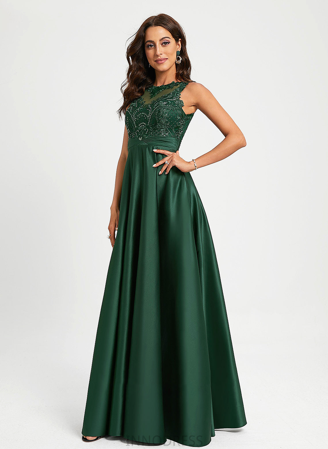 Floor-Length Lace Scoop Prom Dresses Satin Ball-Gown/Princess Kylie Sequins Neck With