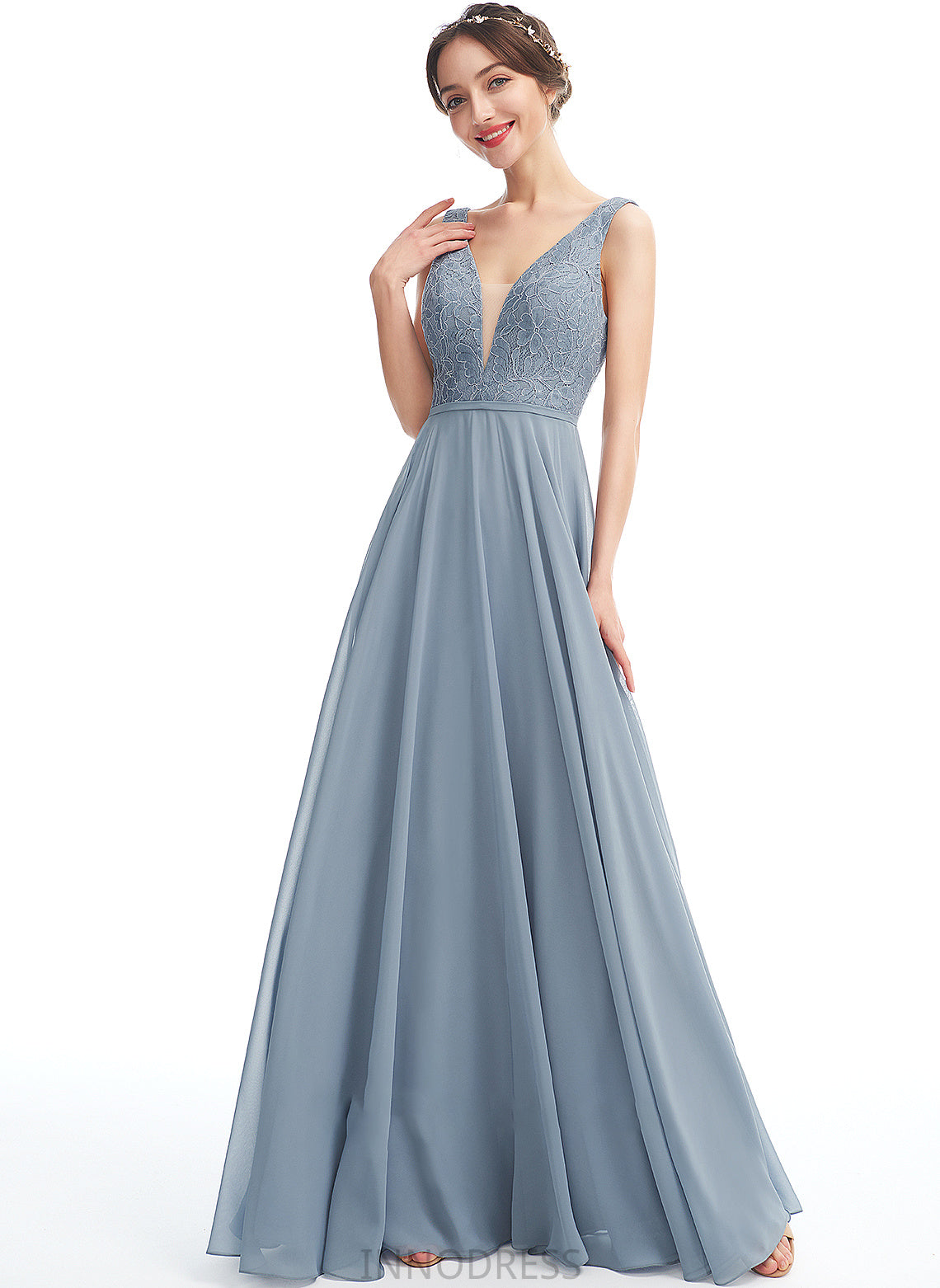 Silhouette A-Line V-neck Straps Length Fabric Floor-Length Lace Neckline Esmeralda Sleeveless A-Line/Princess