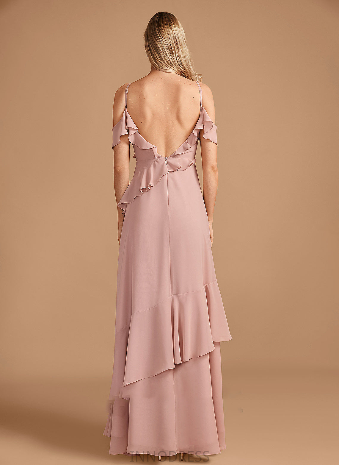 Length A-Line V-neck Silhouette Embellishment Ruffle Neckline Fabric Floor-Length Serena Sleeveless Floor Length