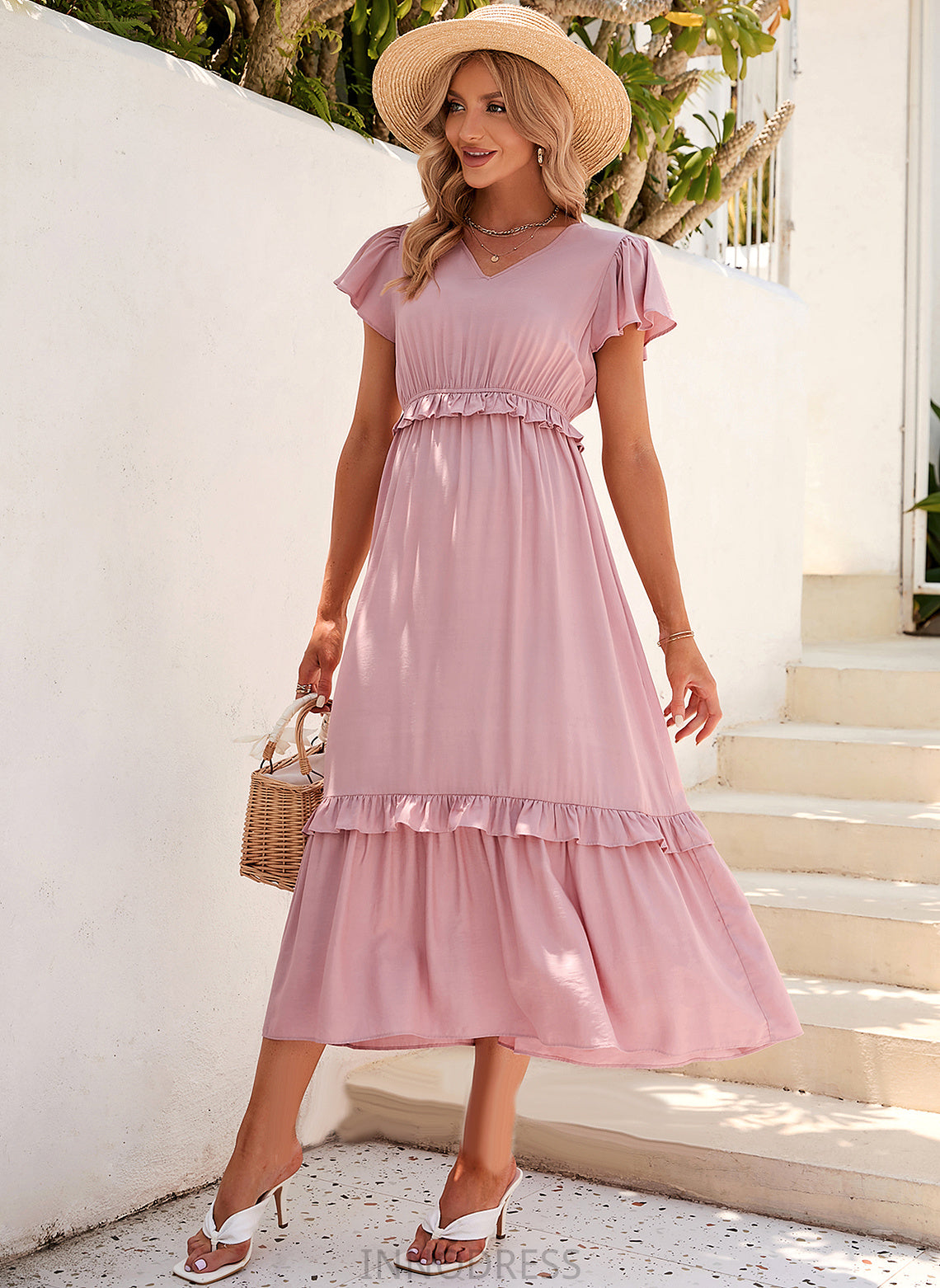 Fabric Length V-neck Polyester Tea-Length Neckline Straps Silhouette A-Line Perla A-Line/Princess Short Sleeves Bridesmaid Dresses
