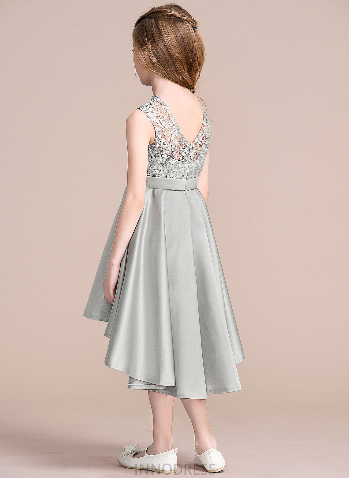 Neck Scoop Frances A-Line Junior Bridesmaid Dresses Asymmetrical Satin