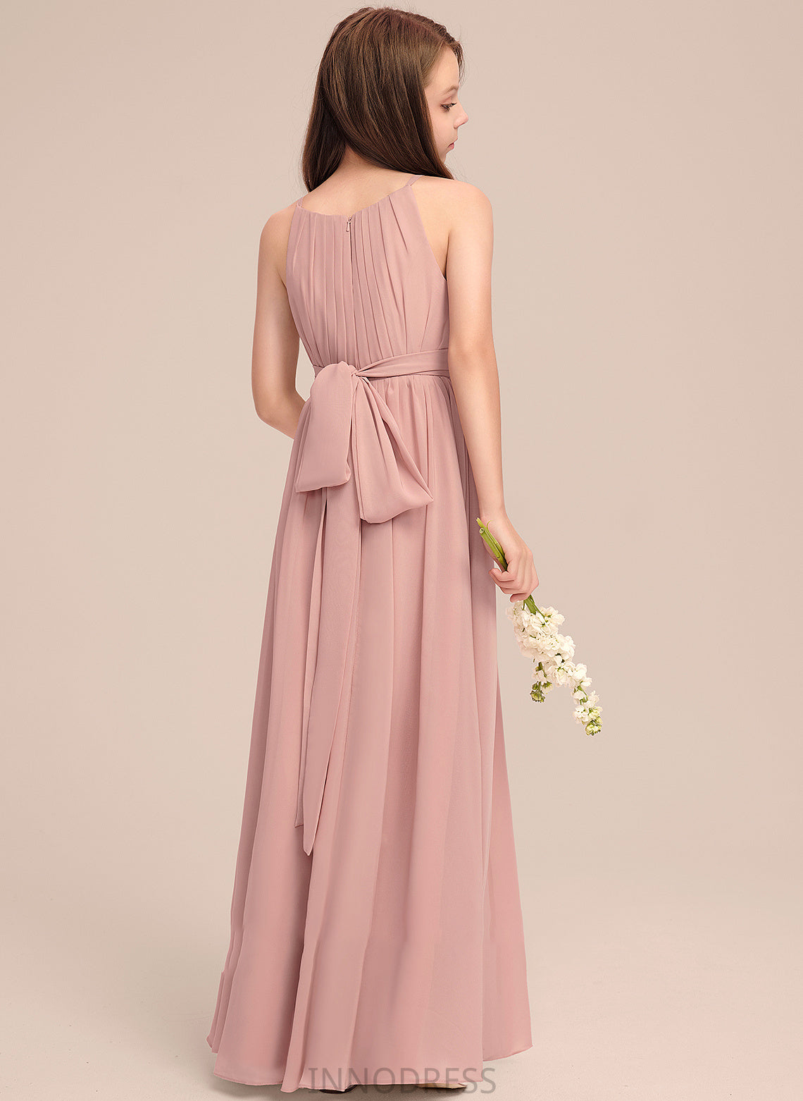 Ruffle Neck With Floor-Length Scoop A-Line Chiffon Gisselle Junior Bridesmaid Dresses Bow(s)