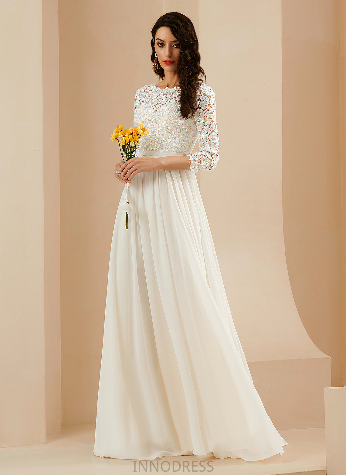 Chiffon Lace Wedding Dresses With Train Dress Neck Sweep Phoebe Scoop Wedding A-Line