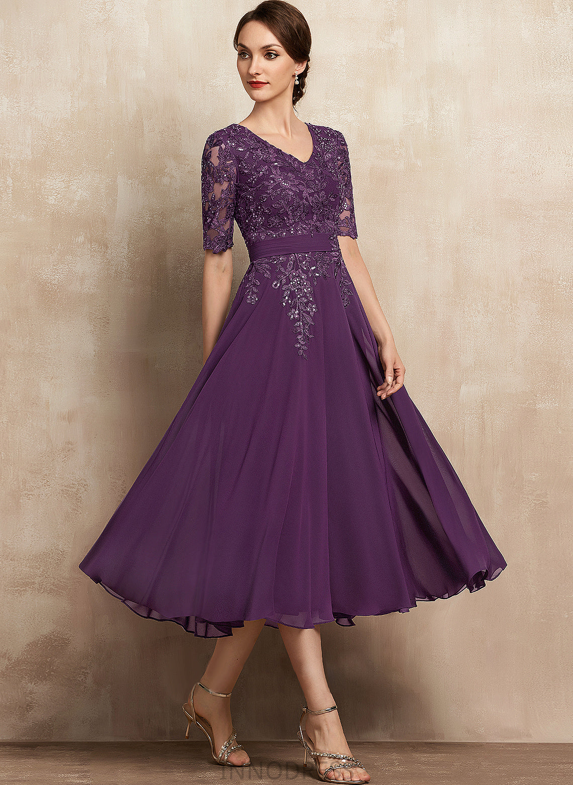 Audrina Mother of Chiffon the Lace Sequins V-neck With Dress Bride A-Line Tea-Length Mother of the Bride Dresses