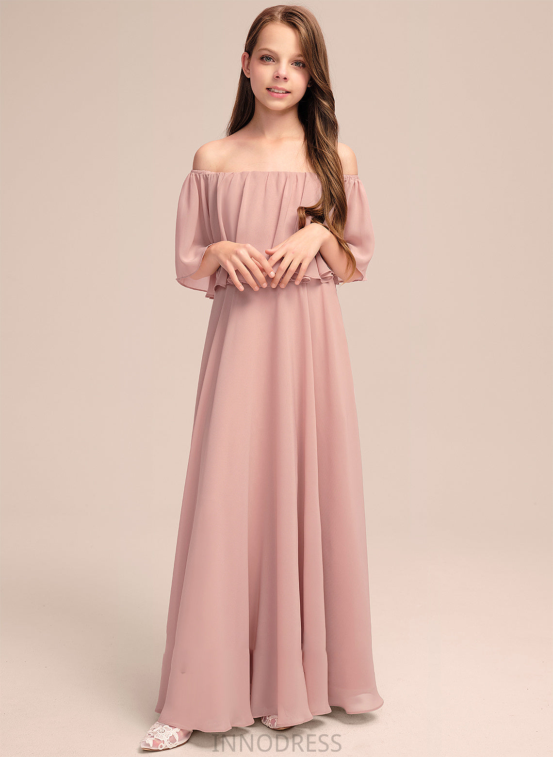 With Hallie A-Line Floor-Length Off-the-Shoulder Ruffle Chiffon Junior Bridesmaid Dresses