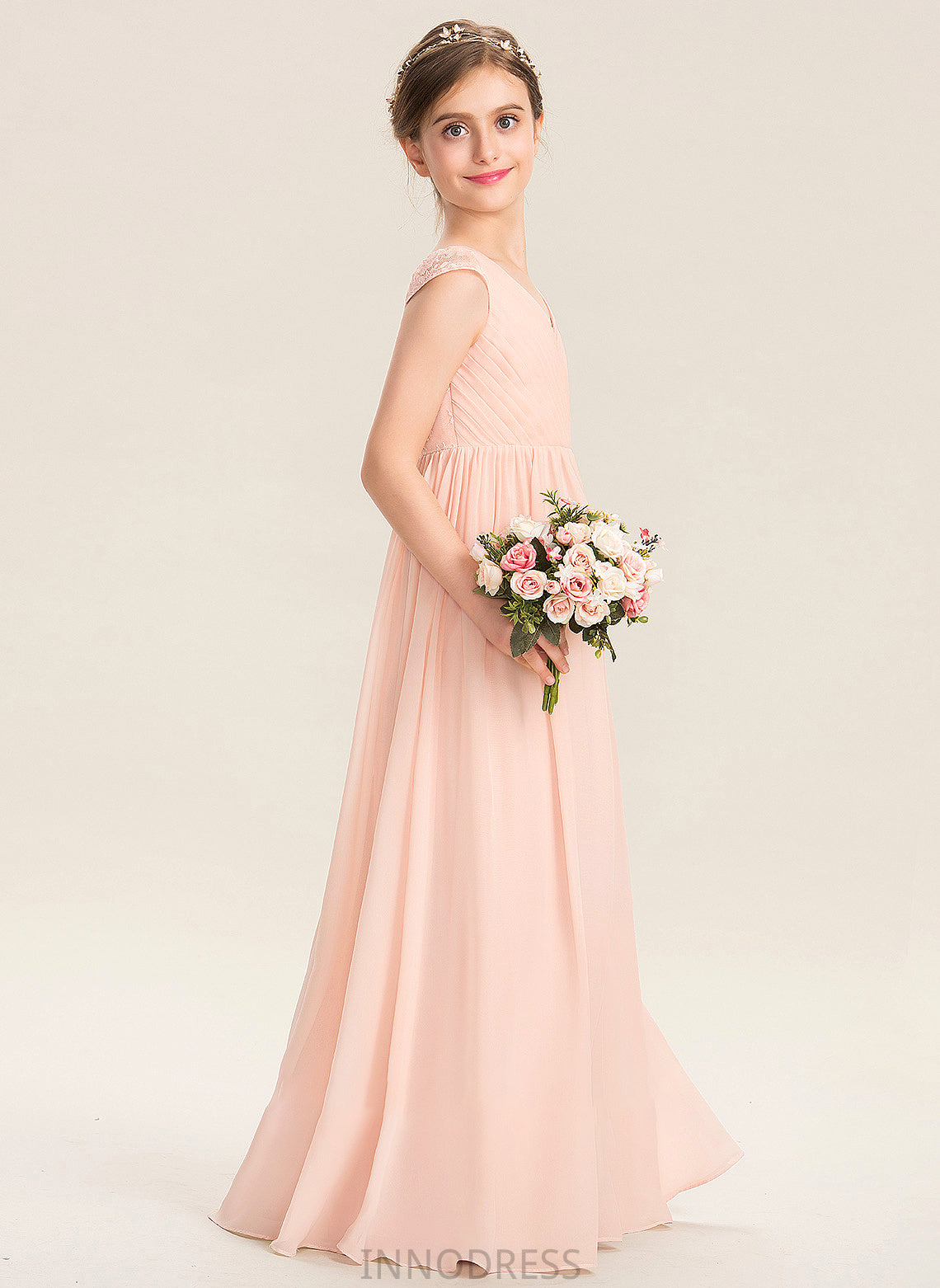 Savanah V-neck Ruffle Junior Bridesmaid Dresses Chiffon With Lace Floor-Length A-Line