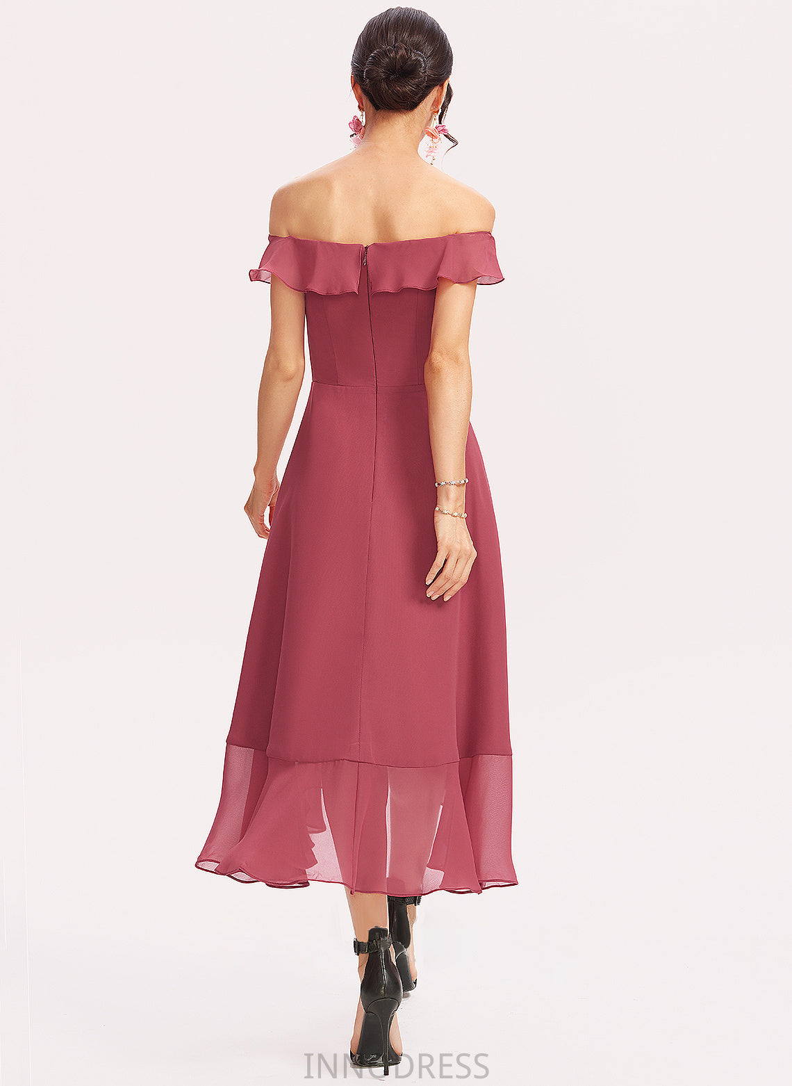 Fabric Embellishment CascadingRuffles Tea-Length Silhouette Length Neckline Off-the-Shoulder A-Line Alyson Floor Length A-Line/Princess
