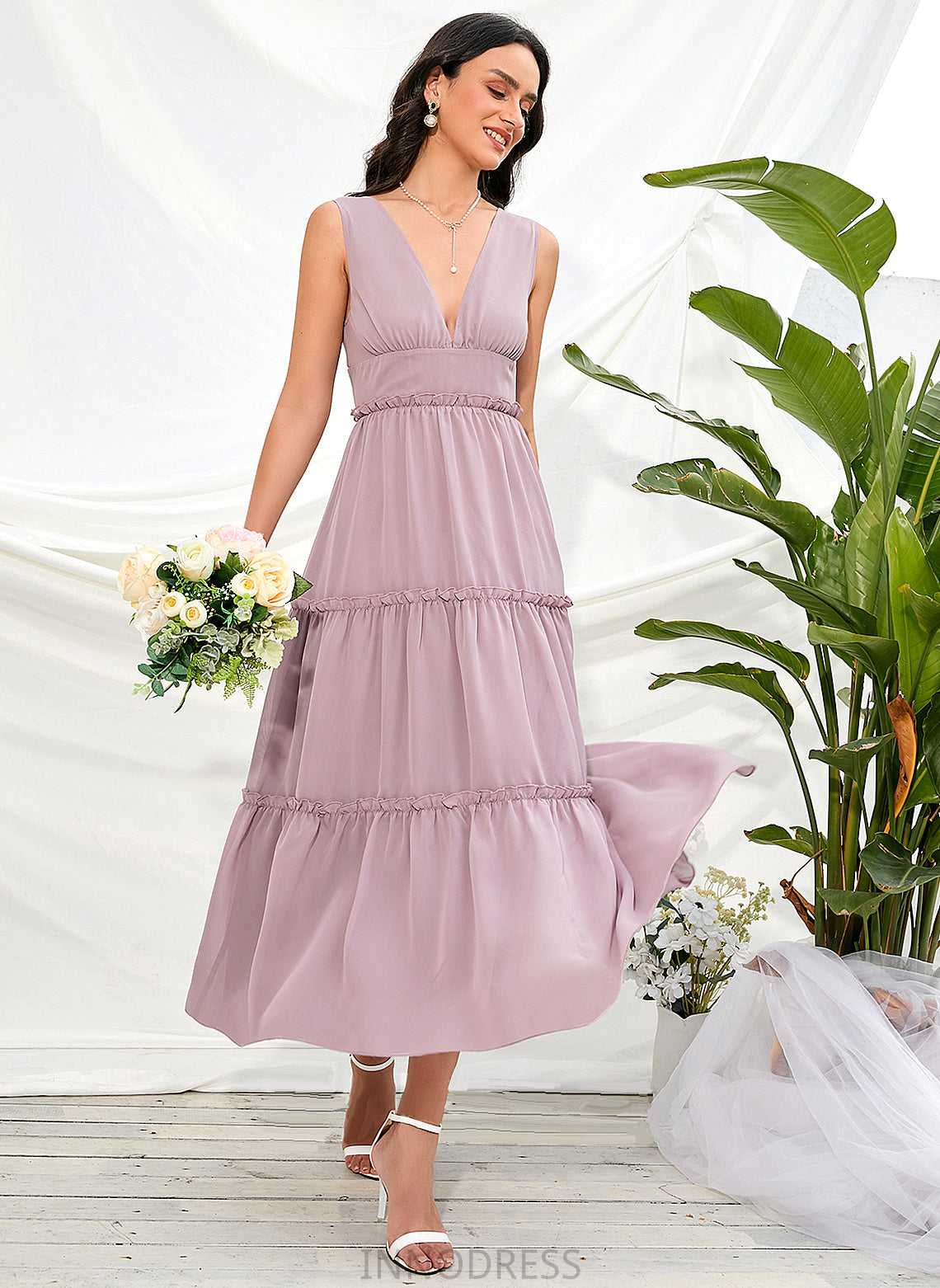 Fabric Tea-Length A-Line Silhouette Straps Neckline Length V-neck Polyester Scarlett Natural Waist Sleeveless