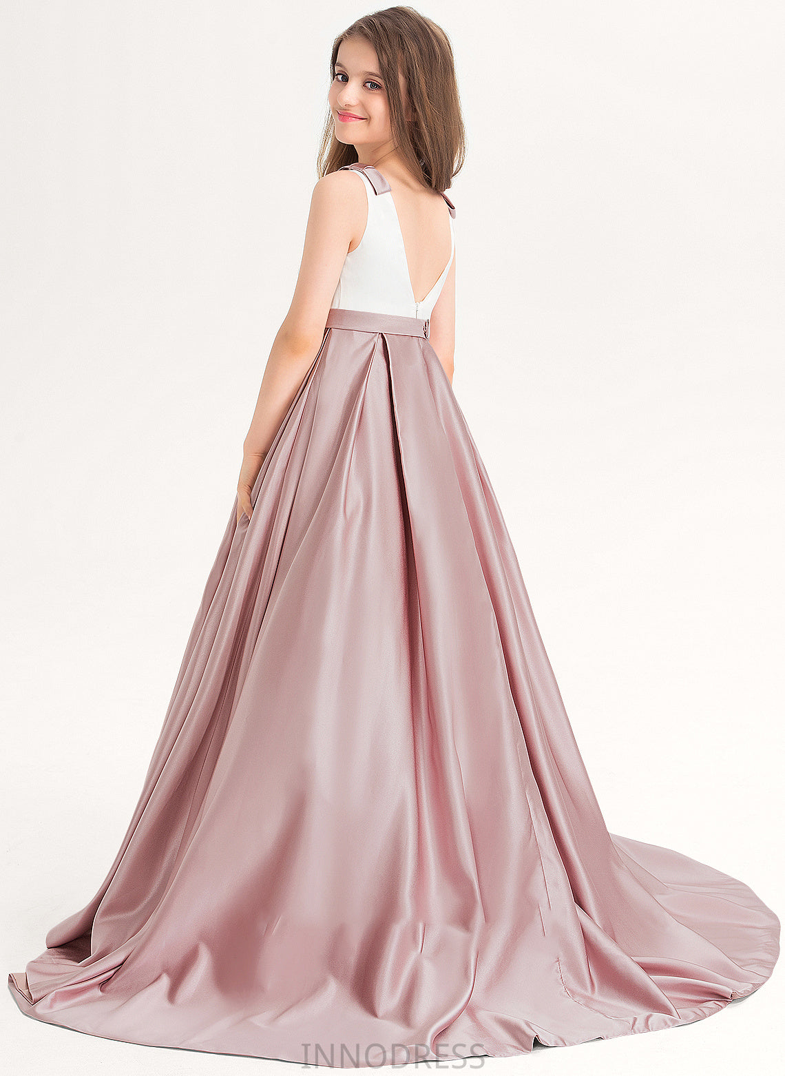 Satin With Mira Neck Scoop Bow(s) Ball-Gown/Princess Train Junior Bridesmaid Dresses Sweep Pockets