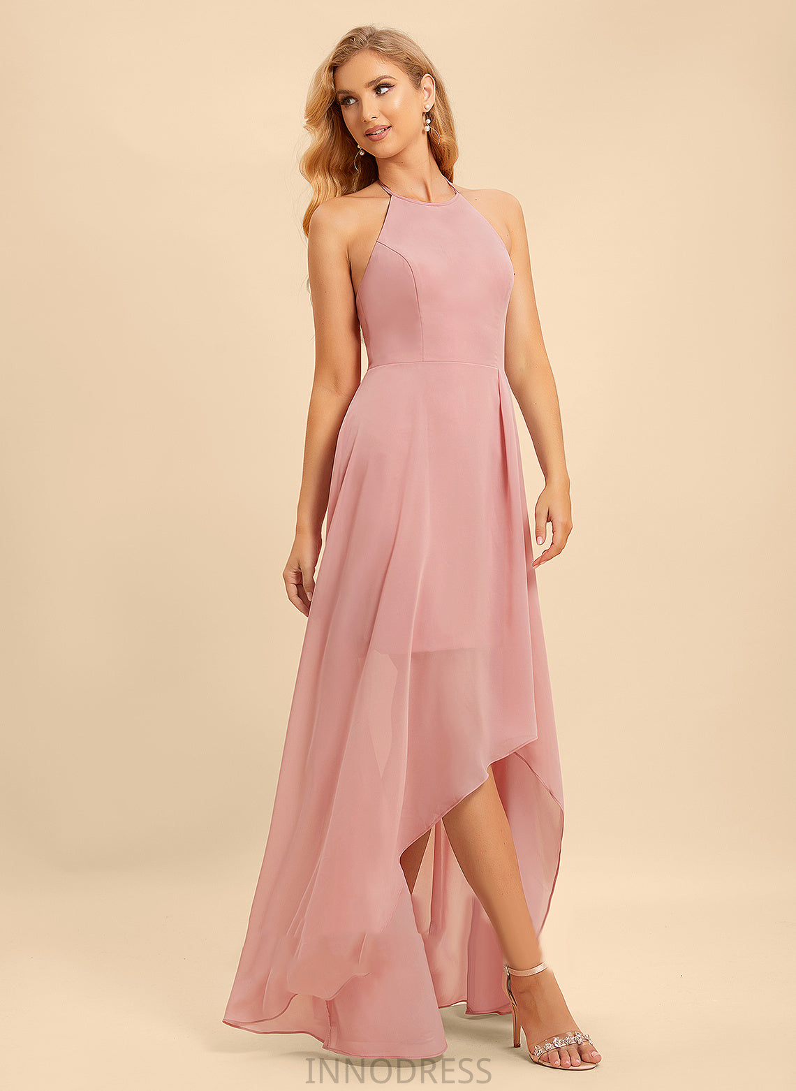 Neckline Asymmetrical Silhouette A-Line Length Ruffle Embellishment Fabric Halter Madge Straps Sleeveless Bridesmaid Dresses