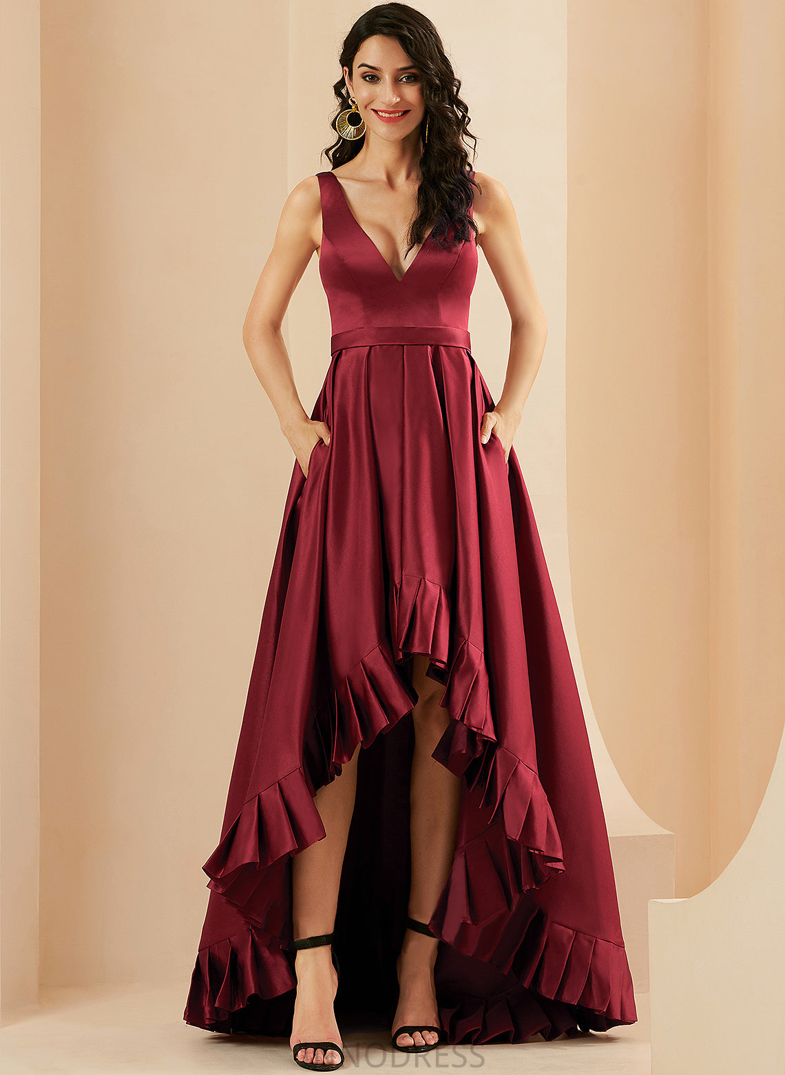 Asymmetrical With Prom Dresses Ball-Gown/Princess Pockets V-neck Madison Satin