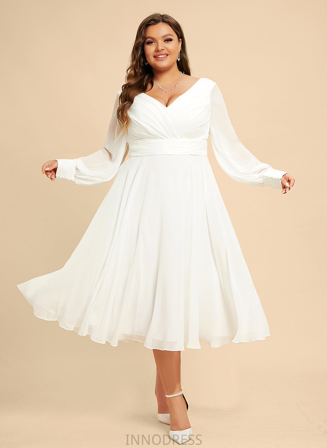 Mila Tea-Length Wedding Dresses Chiffon Dress V-neck A-Line Wedding