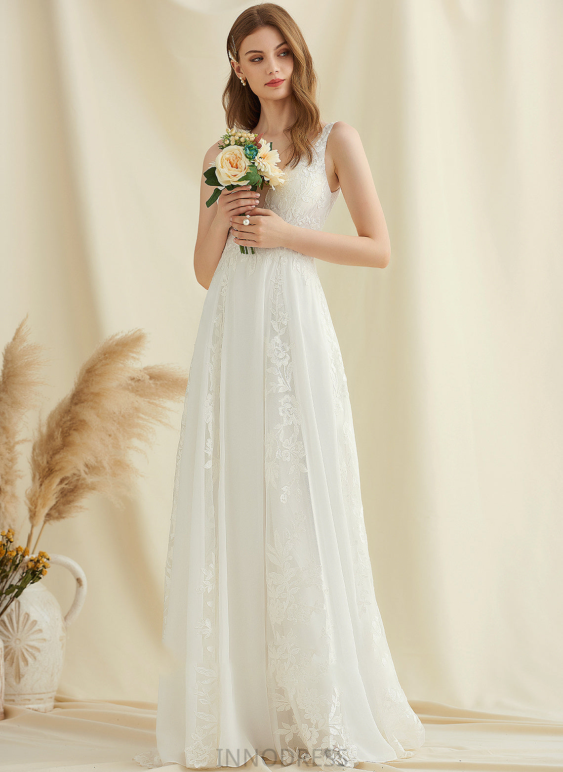 Sequins Dress Wedding Dresses A-Line Chiffon V-neck Train With Sweep Wedding Lace Anastasia