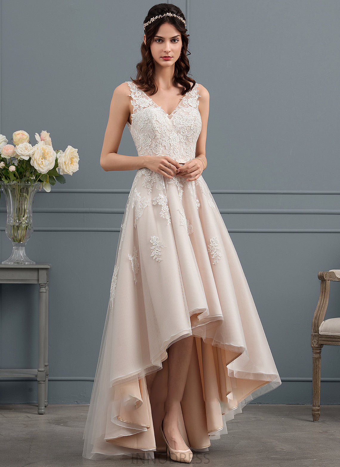 V-neck A-Line Dress Wedding Bow(s) Asymmetrical Malia With Lace Wedding Dresses Tulle